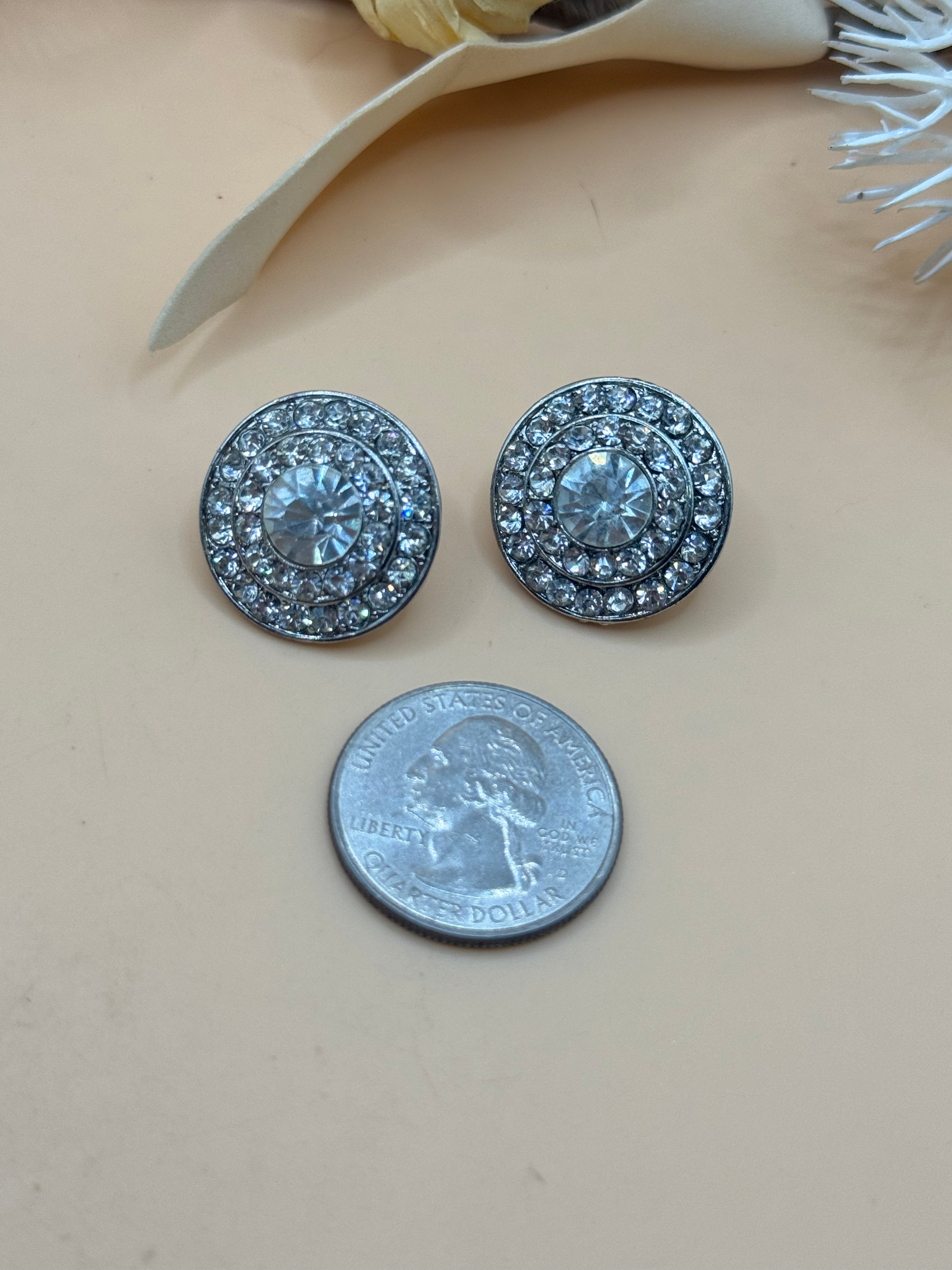 Silver Tone Clear Rhinestone Round Statement Stud Earrings