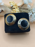 Vintage Gold Tone Black Center Hammered Round Statement Stud Earrings