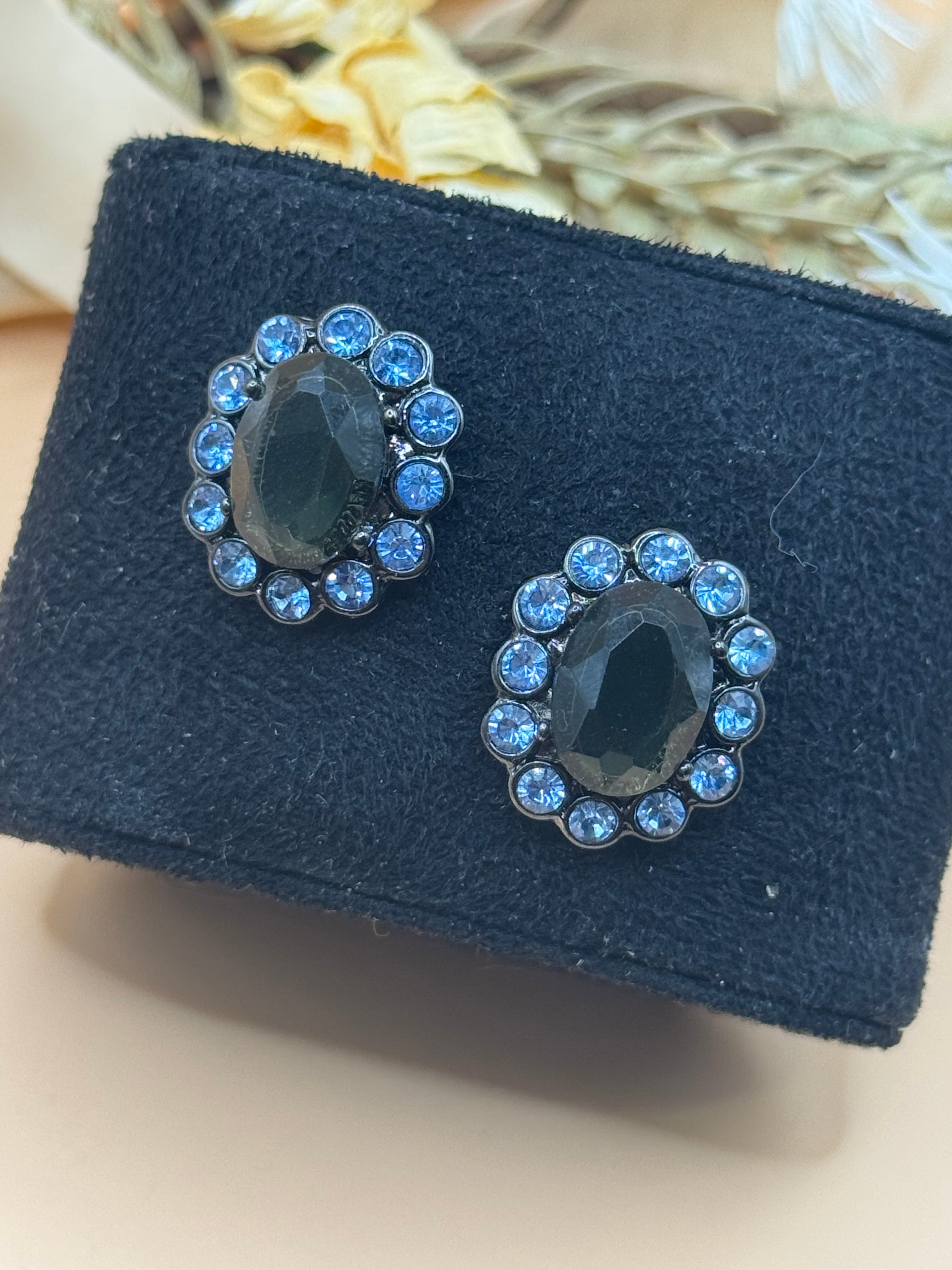 Monet Smoky Gray & Blue Rhinestone Oval Statement Stud Earrings