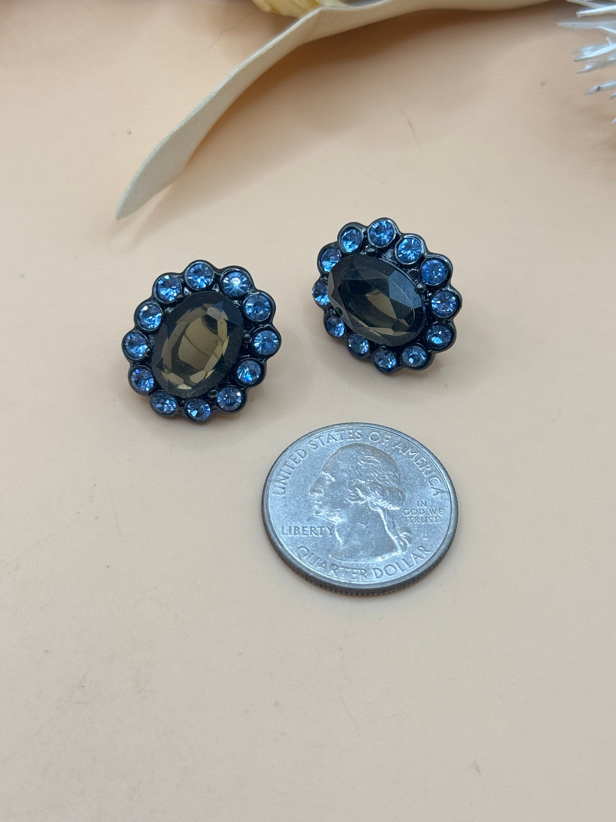 Monet Smoky Gray & Blue Rhinestone Oval Statement Stud Earrings