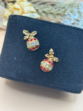 Gold Tone Christmas Ornament Red Clear Rhinestone Holly Stud Earrings