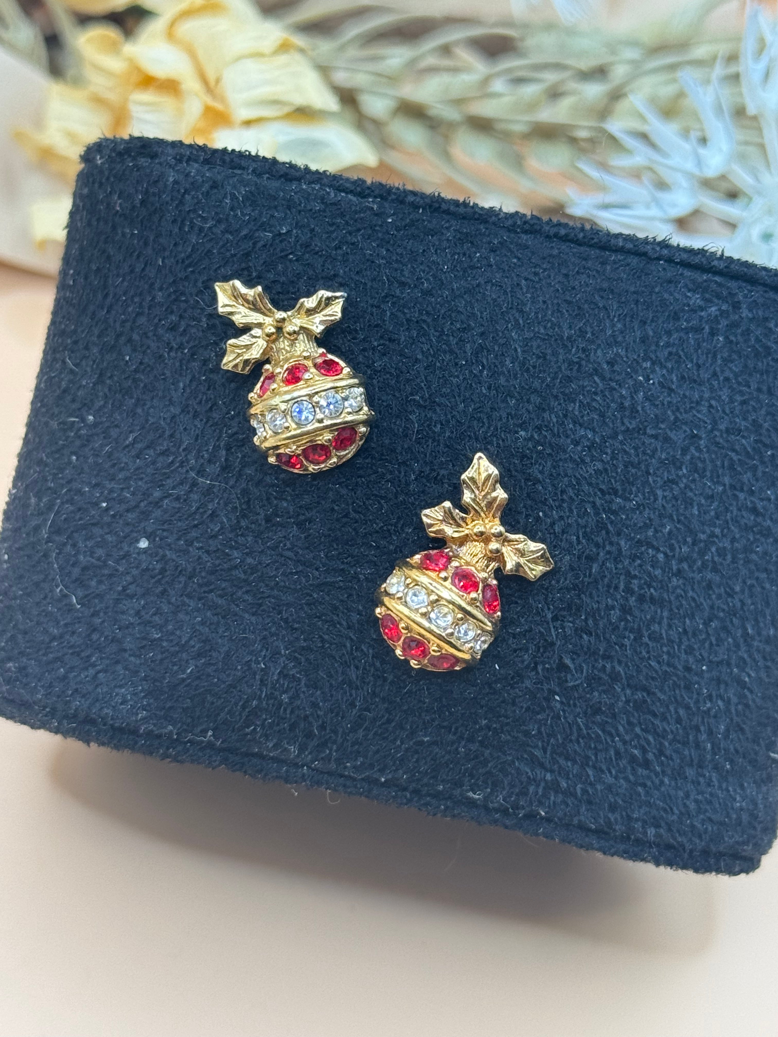 Gold Tone Christmas Ornament Red Clear Rhinestone Holly Stud Earrings
