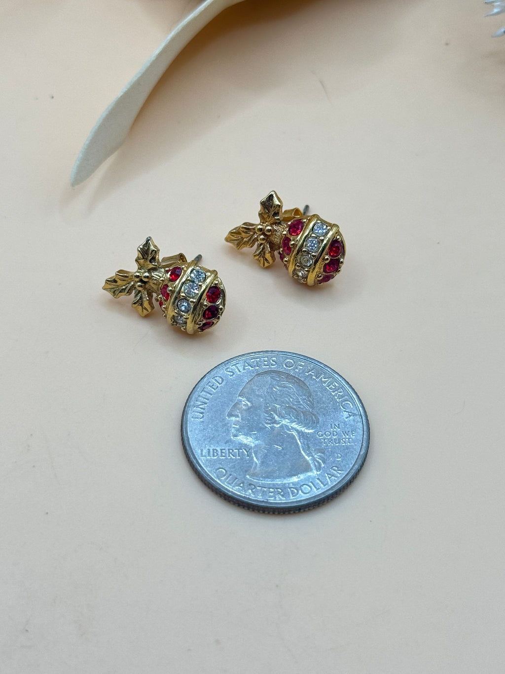 Gold Tone Christmas Ornament Red Clear Rhinestone Holly Stud Earrings