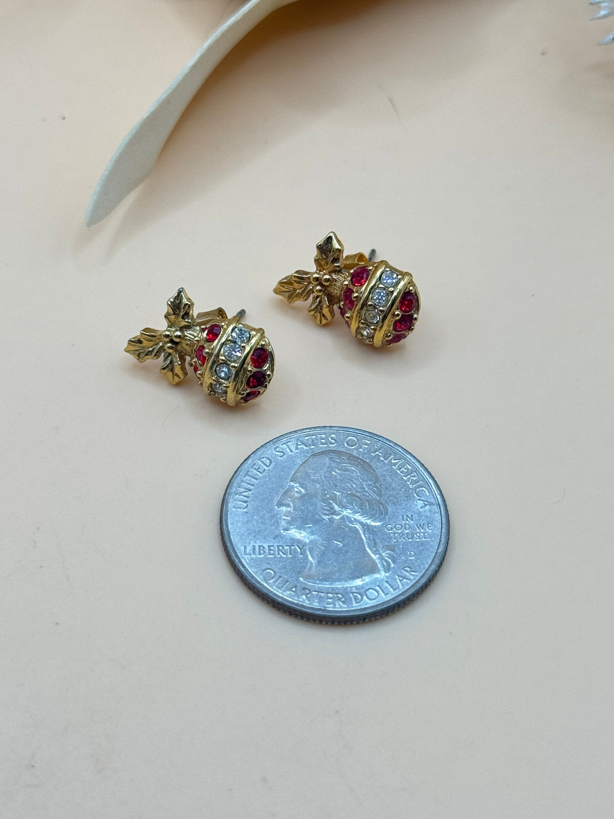 Gold Tone Christmas Ornament Red Clear Rhinestone Holly Stud Earrings