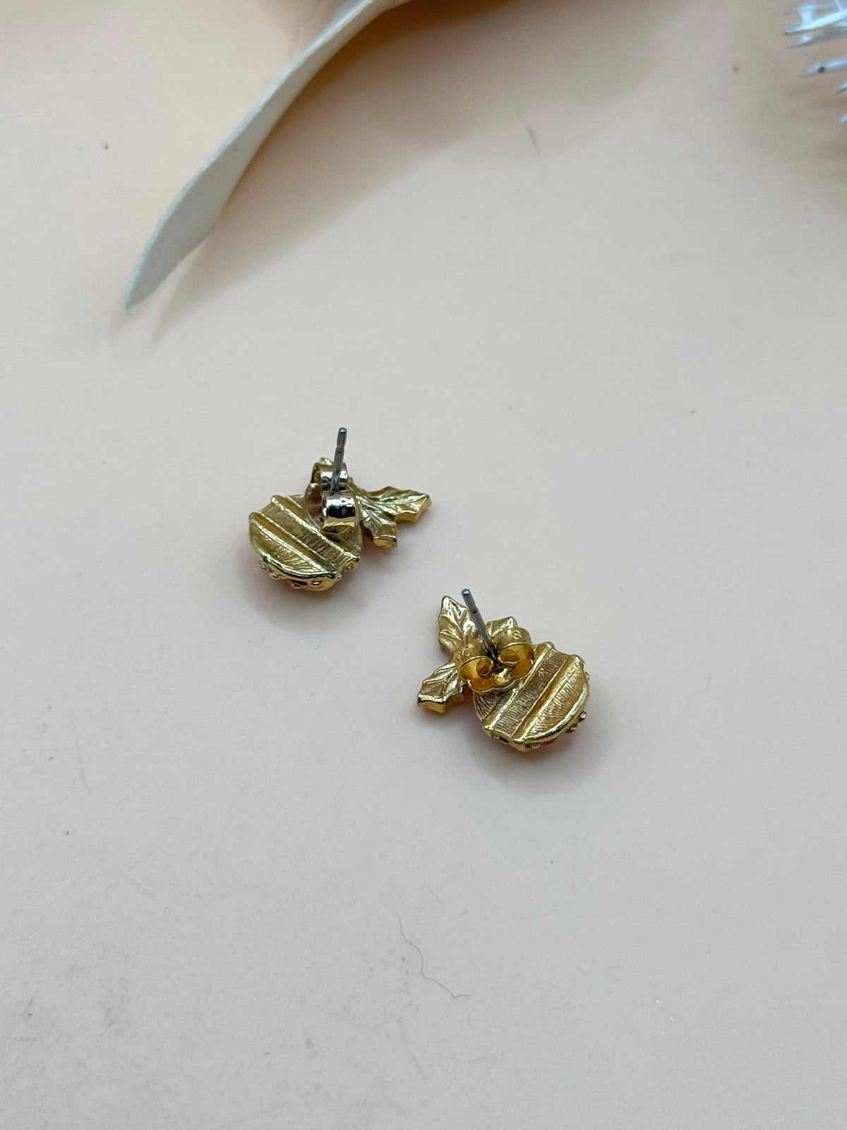 Gold Tone Christmas Ornament Red Clear Rhinestone Holly Stud Earrings