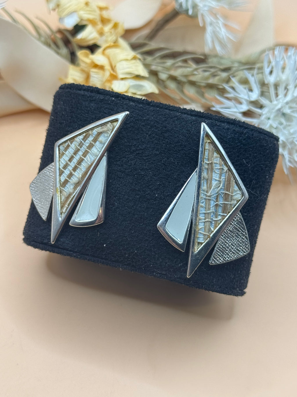 Silver Tone Geometric Abstract White & Woven Texture Statement Stud Earrings