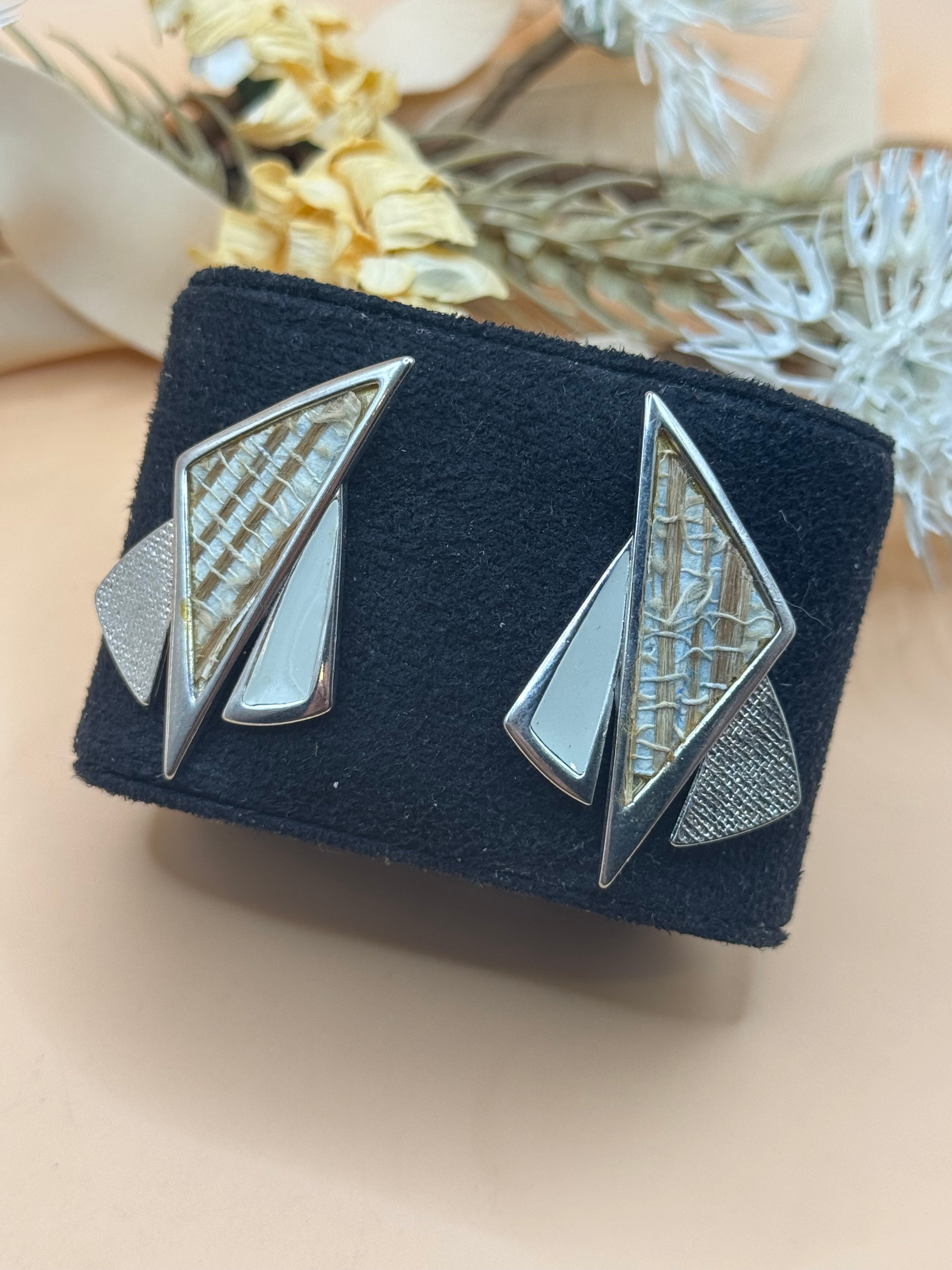 Silver Tone Geometric Abstract White & Woven Texture Statement Stud Earrings