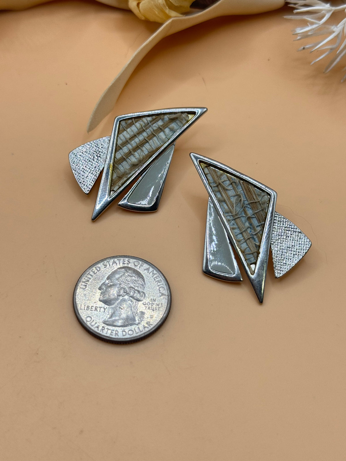 Silver Tone Geometric Abstract White & Woven Texture Statement Stud Earrings