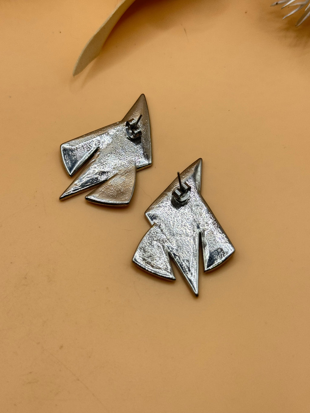 Silver Tone Geometric Abstract White & Woven Texture Statement Stud Earrings