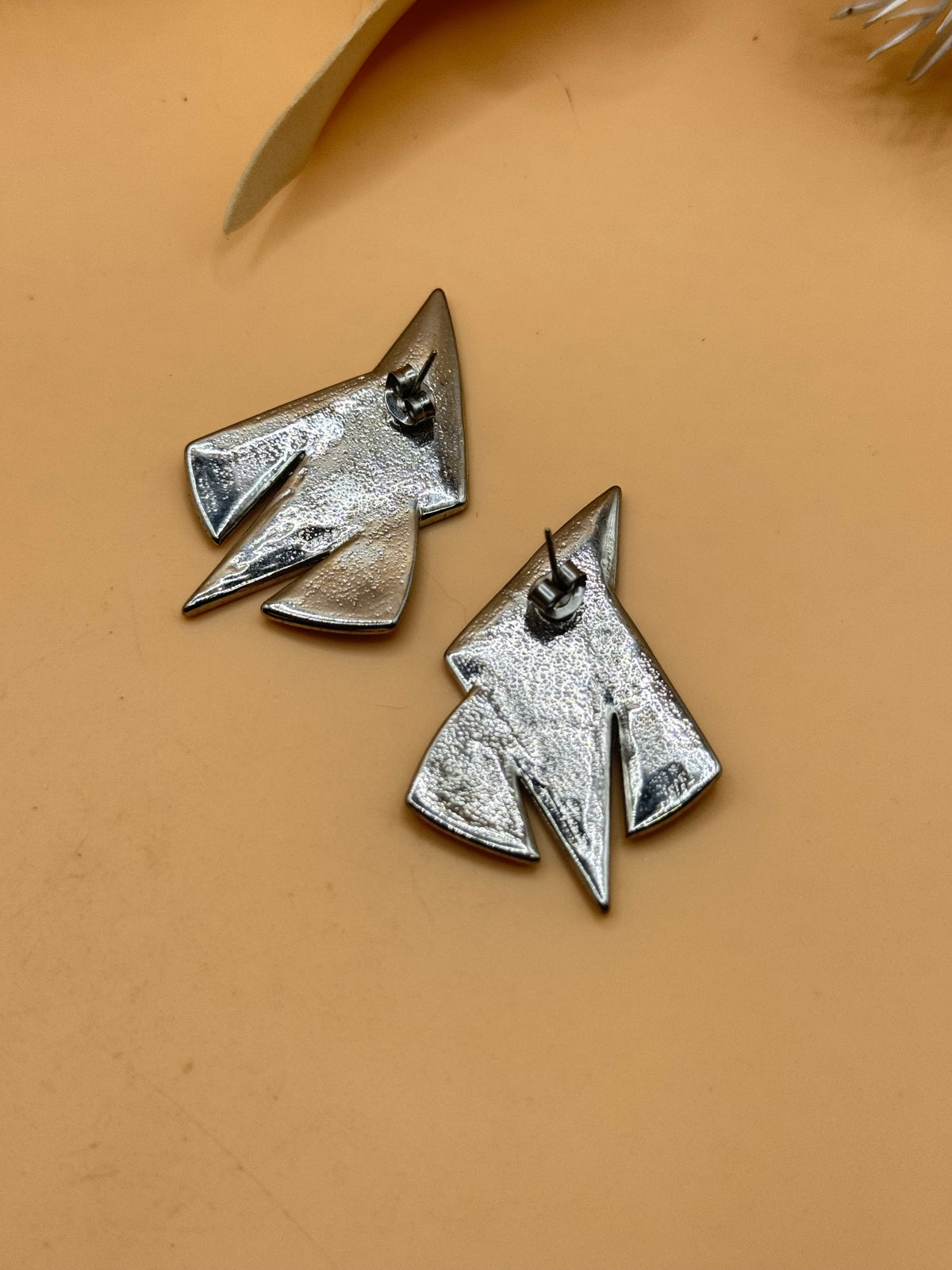 Silver Tone Geometric Abstract White & Woven Texture Statement Stud Earrings