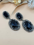 Black Oval Statement Drop Earrings Silver Tone Filigree Pierced