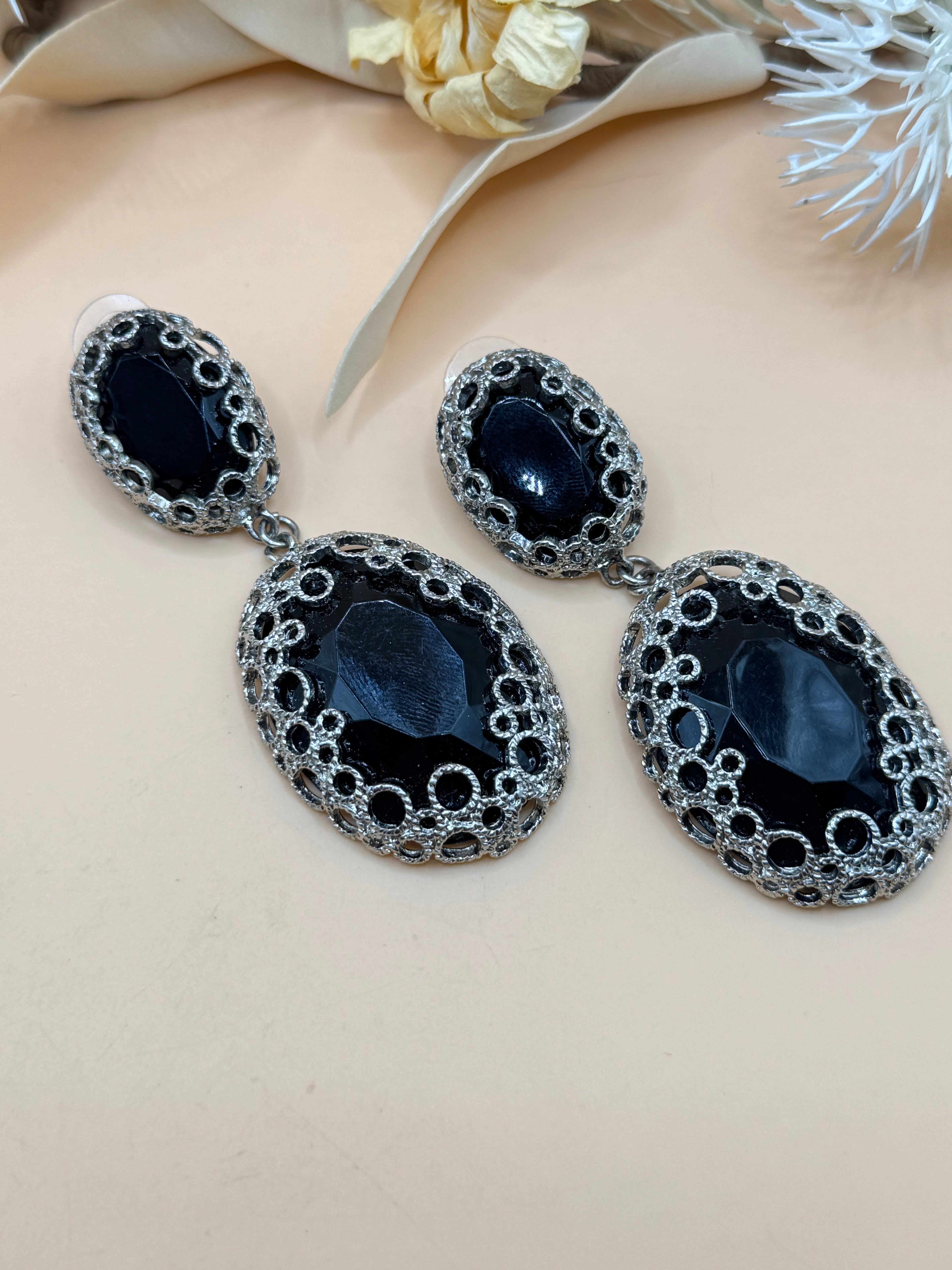Black Oval Statement Drop Earrings Silver Tone Filigree Pierced