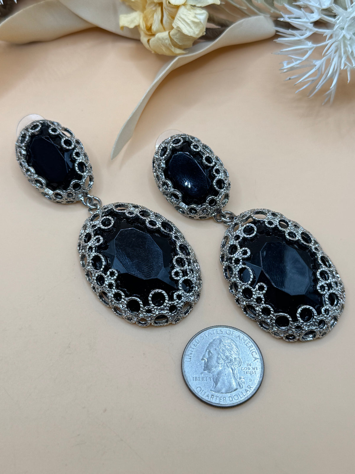 Black Oval Statement Drop Earrings Silver Tone Filigree Pierced