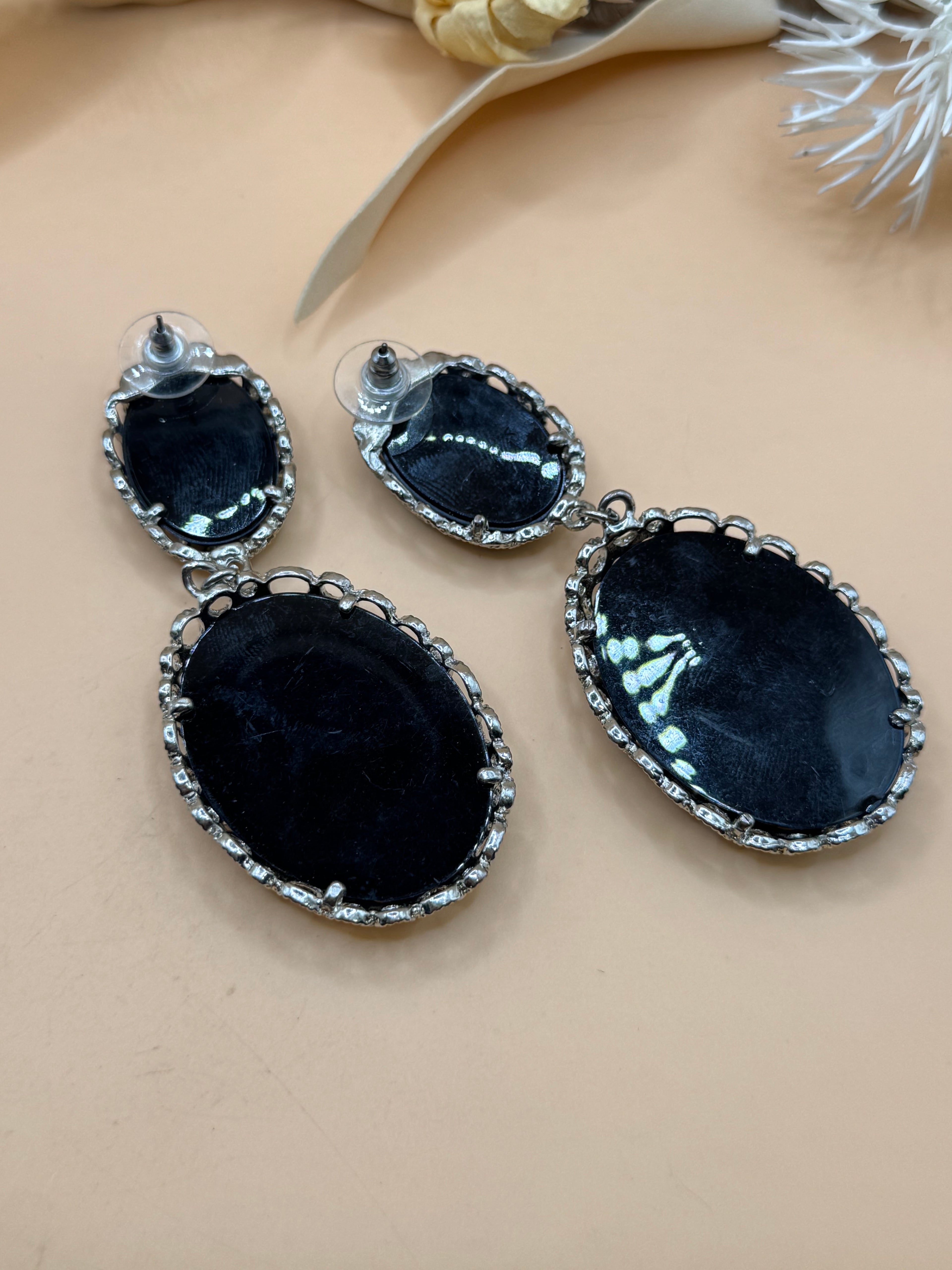 Black Oval Statement Drop Earrings Silver Tone Filigree Pierced