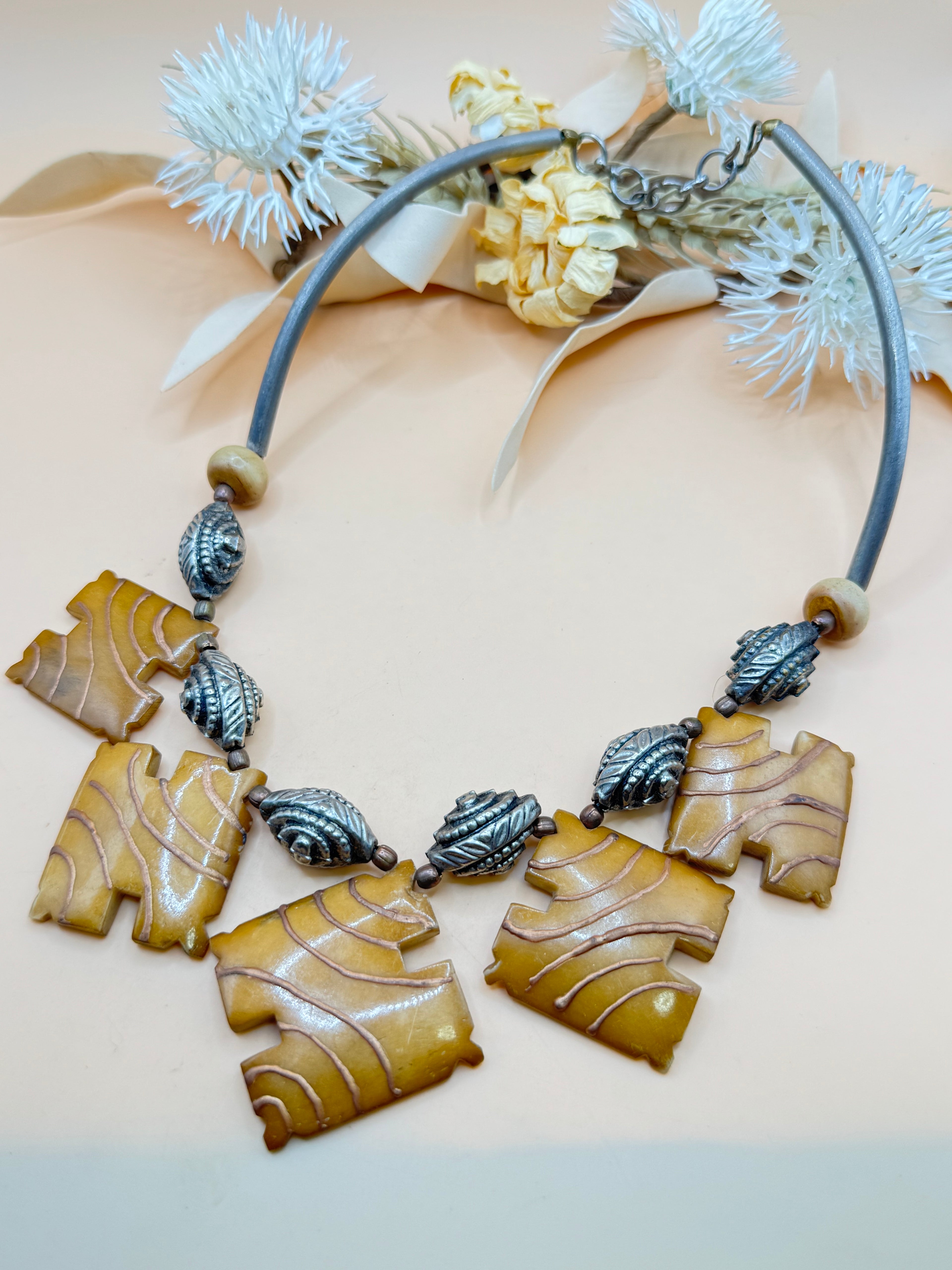 Vintage 16” Mustard Yellow Geometric Statement Necklace Mixed Beads