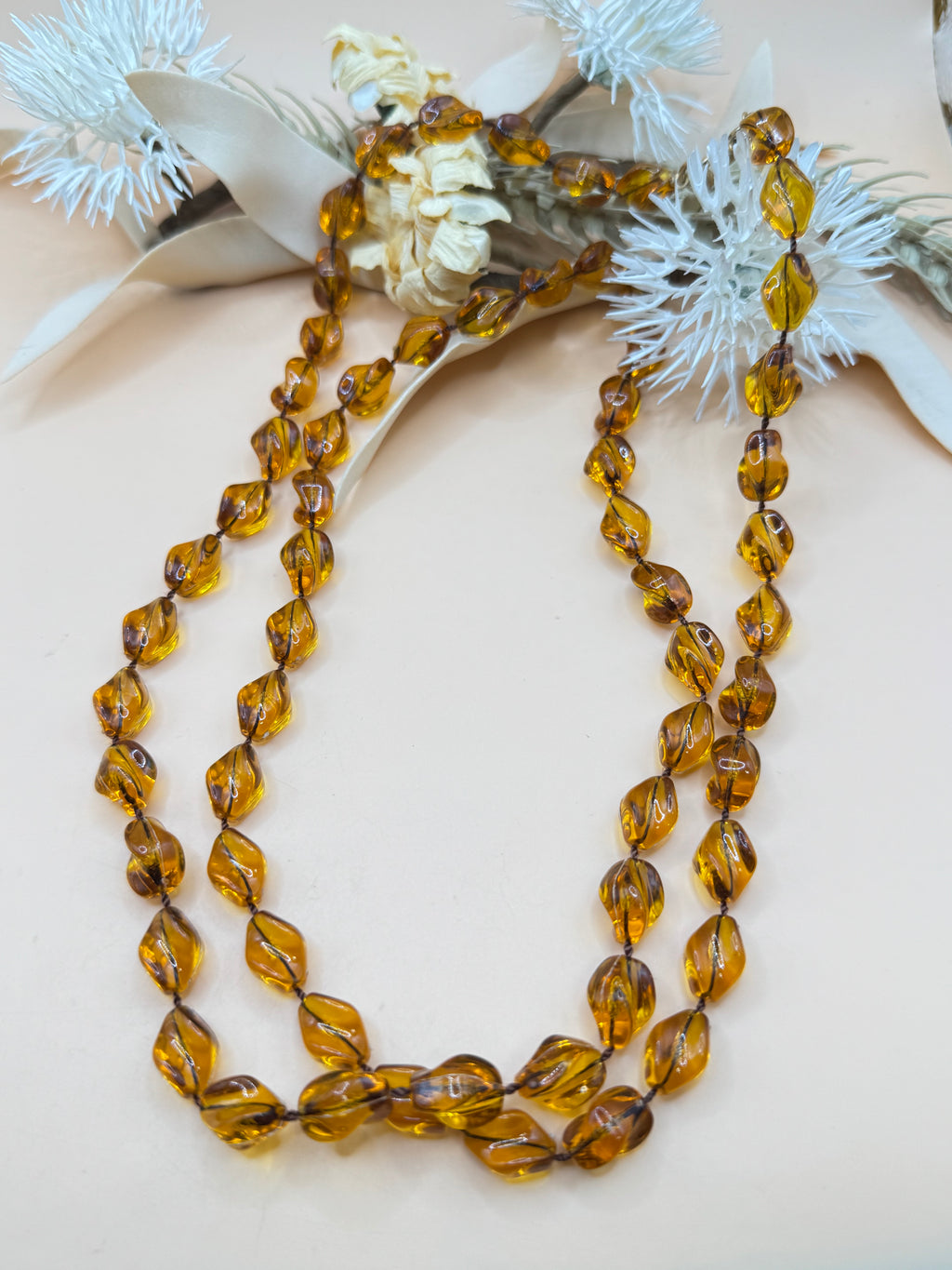 Vintage Sarah Coventry 34” Amber Lucite Beaded Long Necklace
