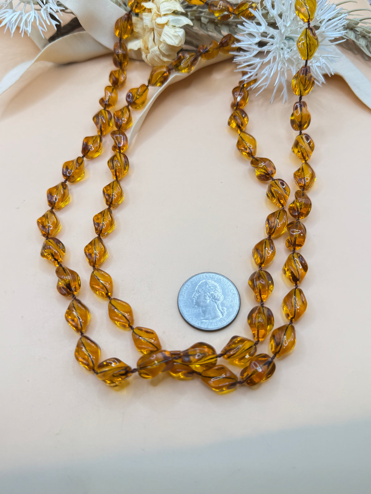 Vintage Sarah Coventry 34” Amber Lucite Beaded Long Necklace