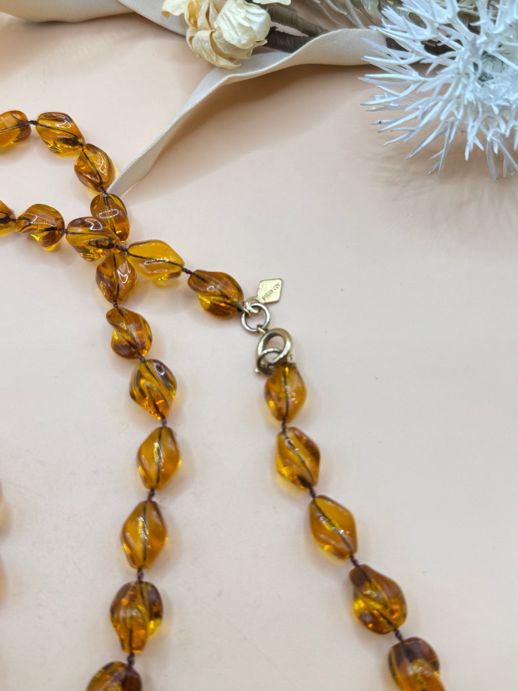 Vintage Sarah Coventry 34” Amber Lucite Beaded Long Necklace