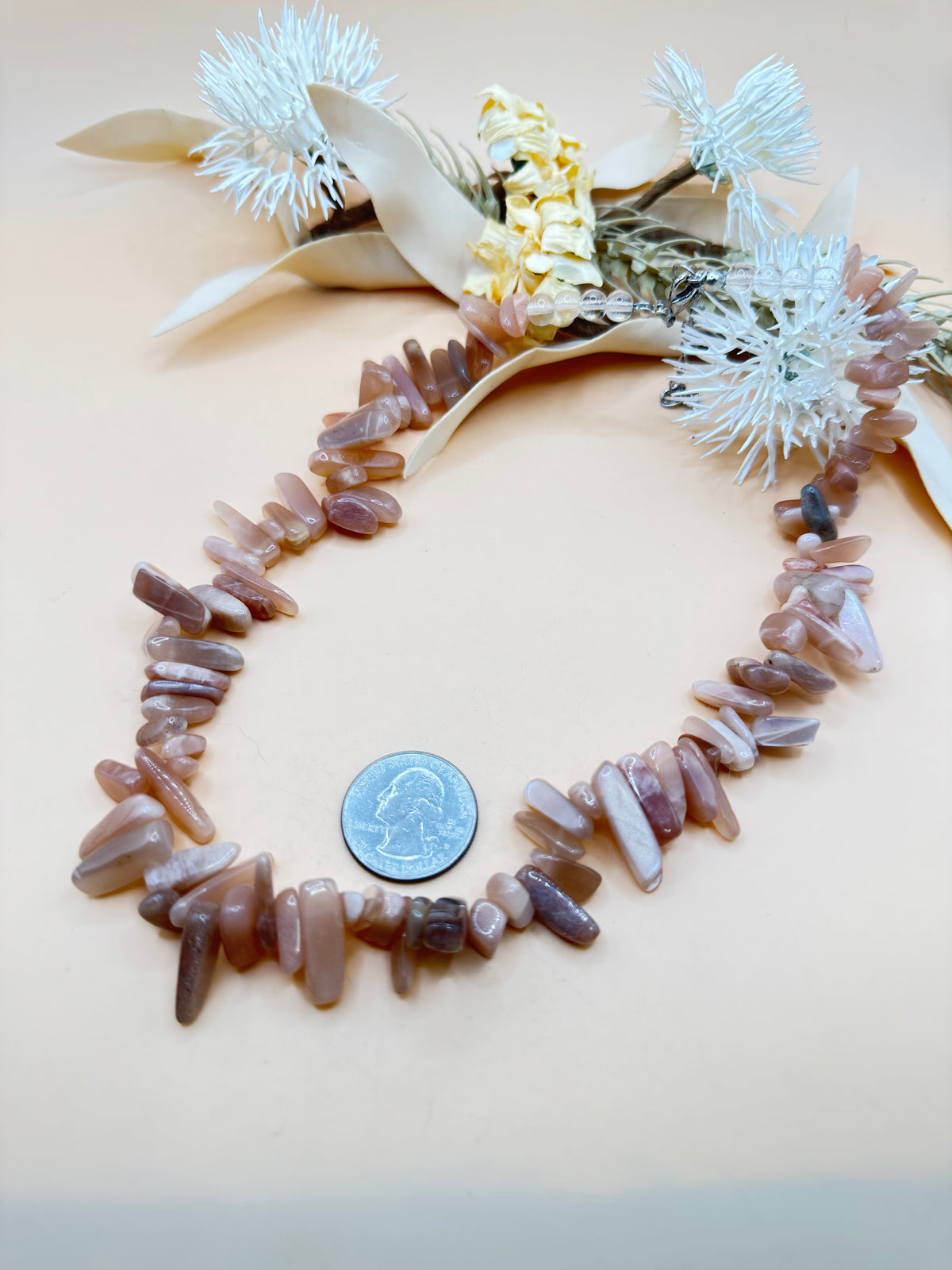 Pink Mauve Stone Chip Beaded 16” Statement Necklace