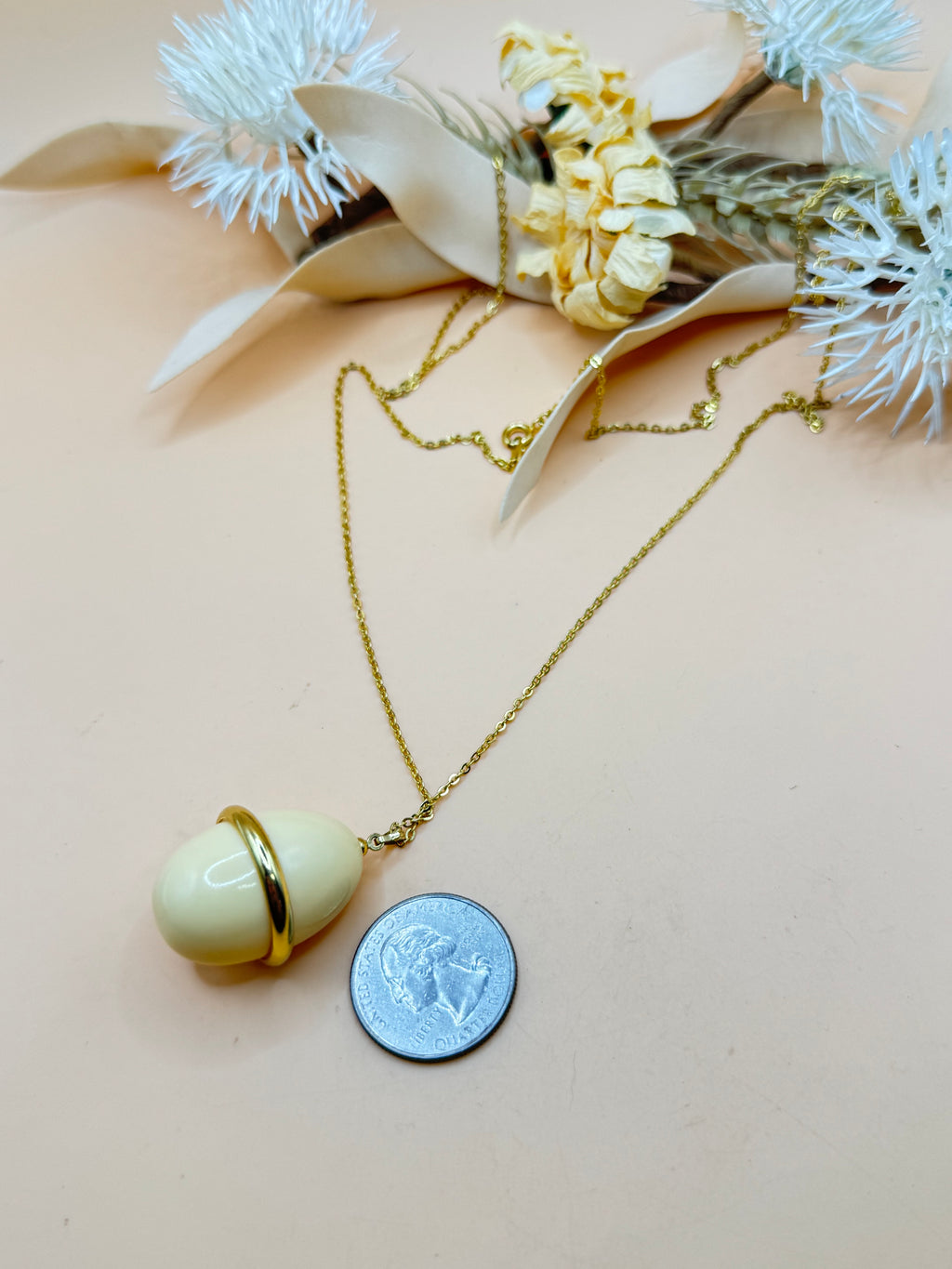 Vintage 28” Gold Tone Cream Egg Pendant Long Necklace