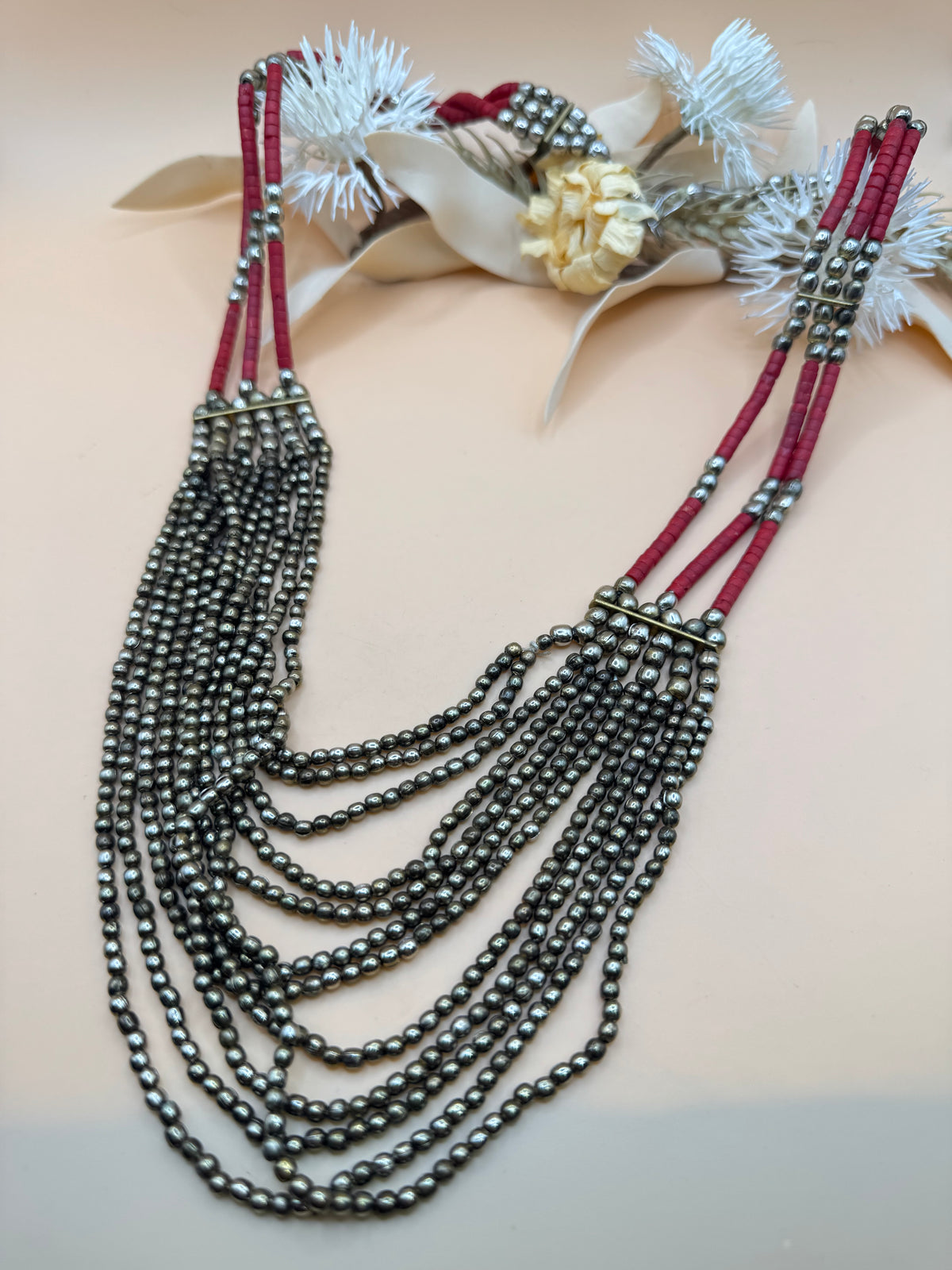 Vintage 24” Red & Gold Tone Multi Strand Beaded Statement Necklace