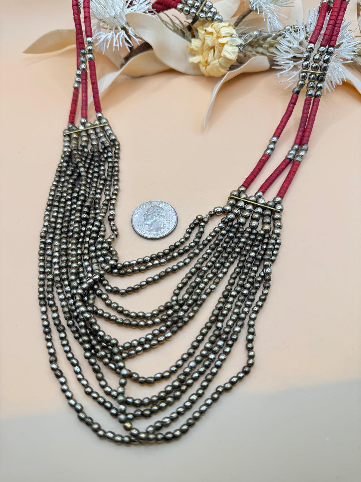 Vintage 24” Red & Gold Tone Multi Strand Beaded Statement Necklace