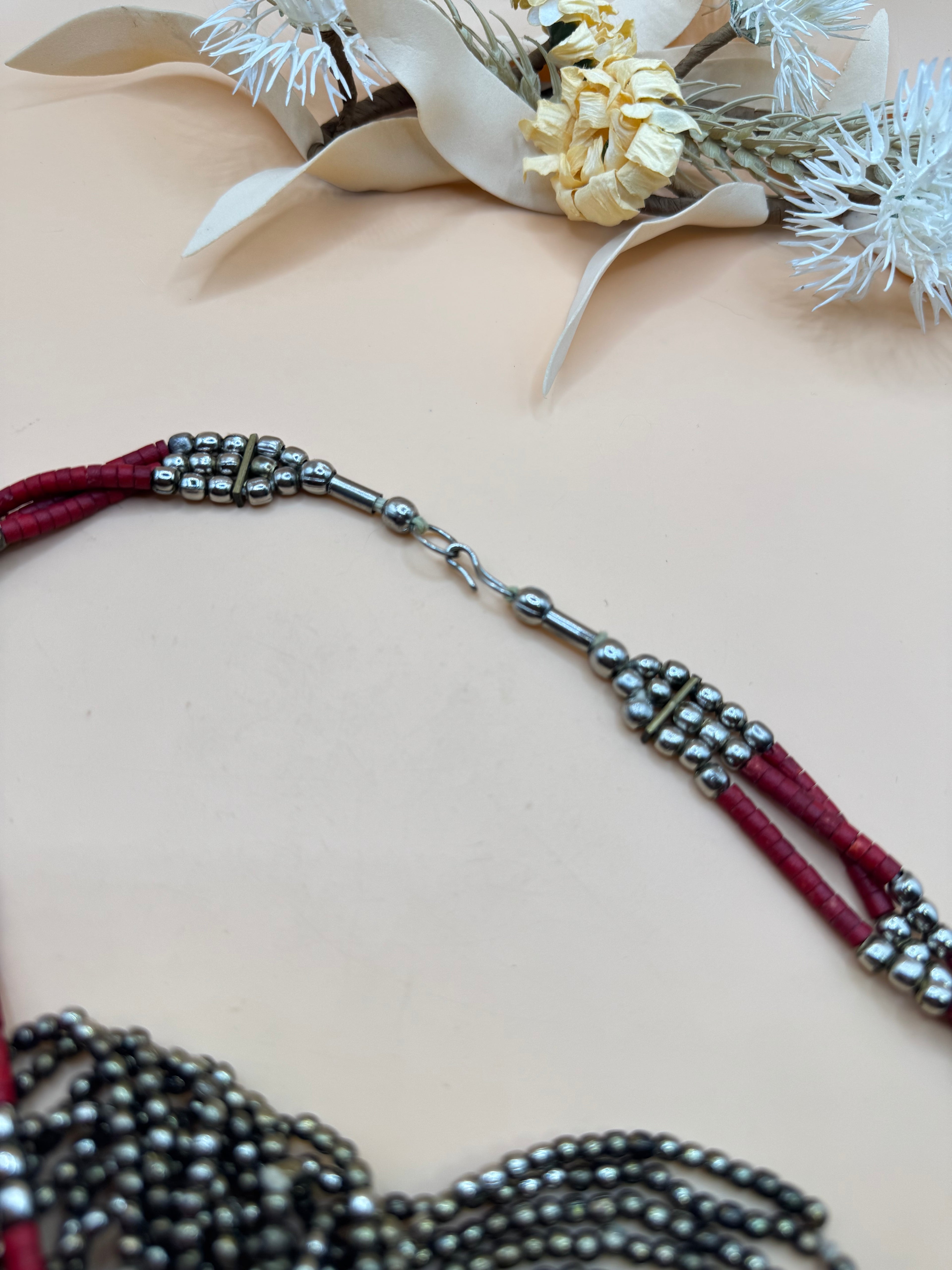 Vintage 24” Red & Gold Tone Multi Strand Beaded Statement Necklace