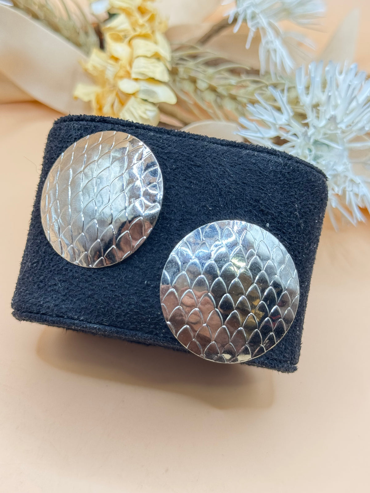 Vintage Silver Tone Round Textured Scale Pattern Statement Pierced Earrings
