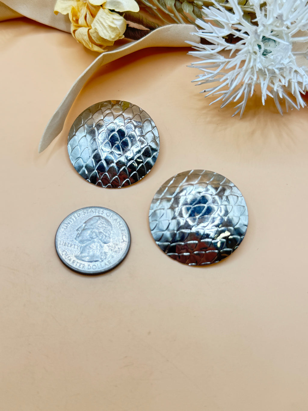 Vintage Silver Tone Round Textured Scale Pattern Statement Pierced Earrings