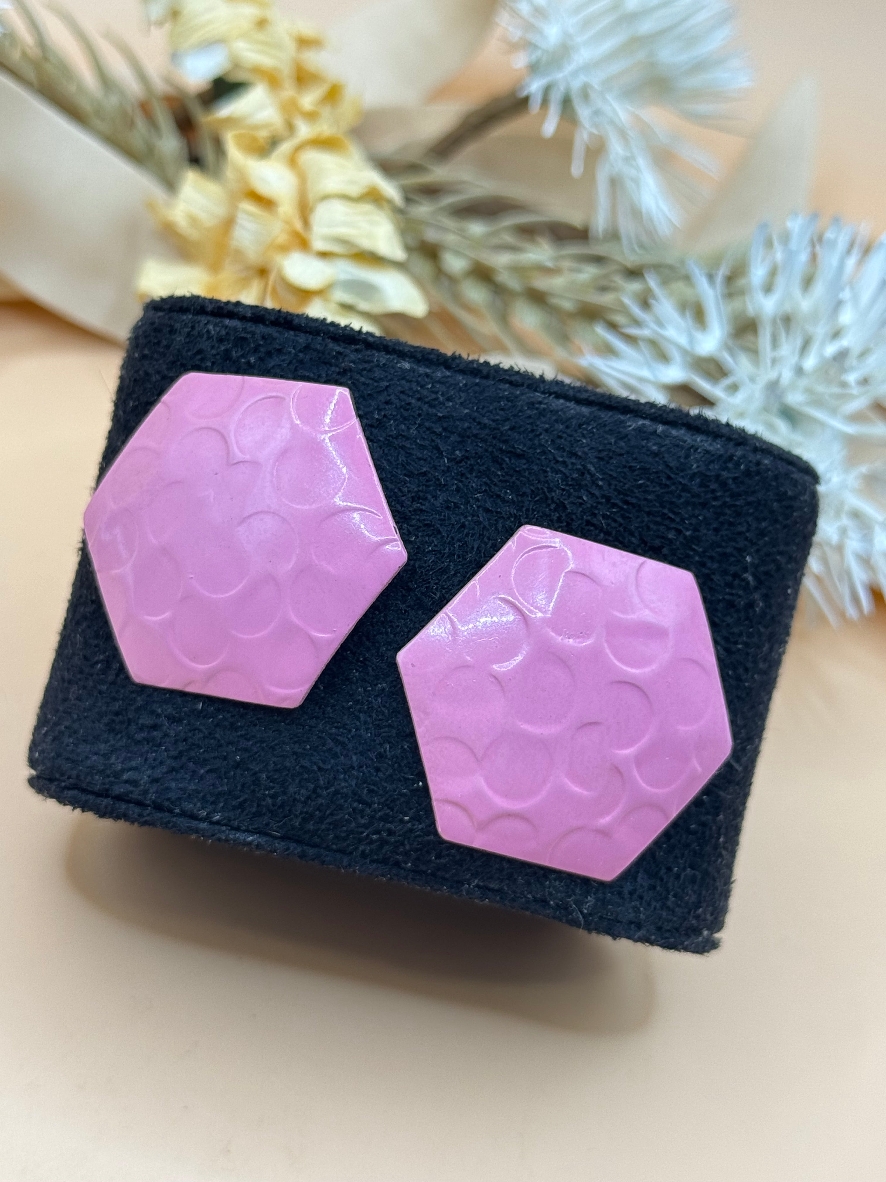 Vintage Pink Hexagon Geometric Textured Statement Pierced Earrings