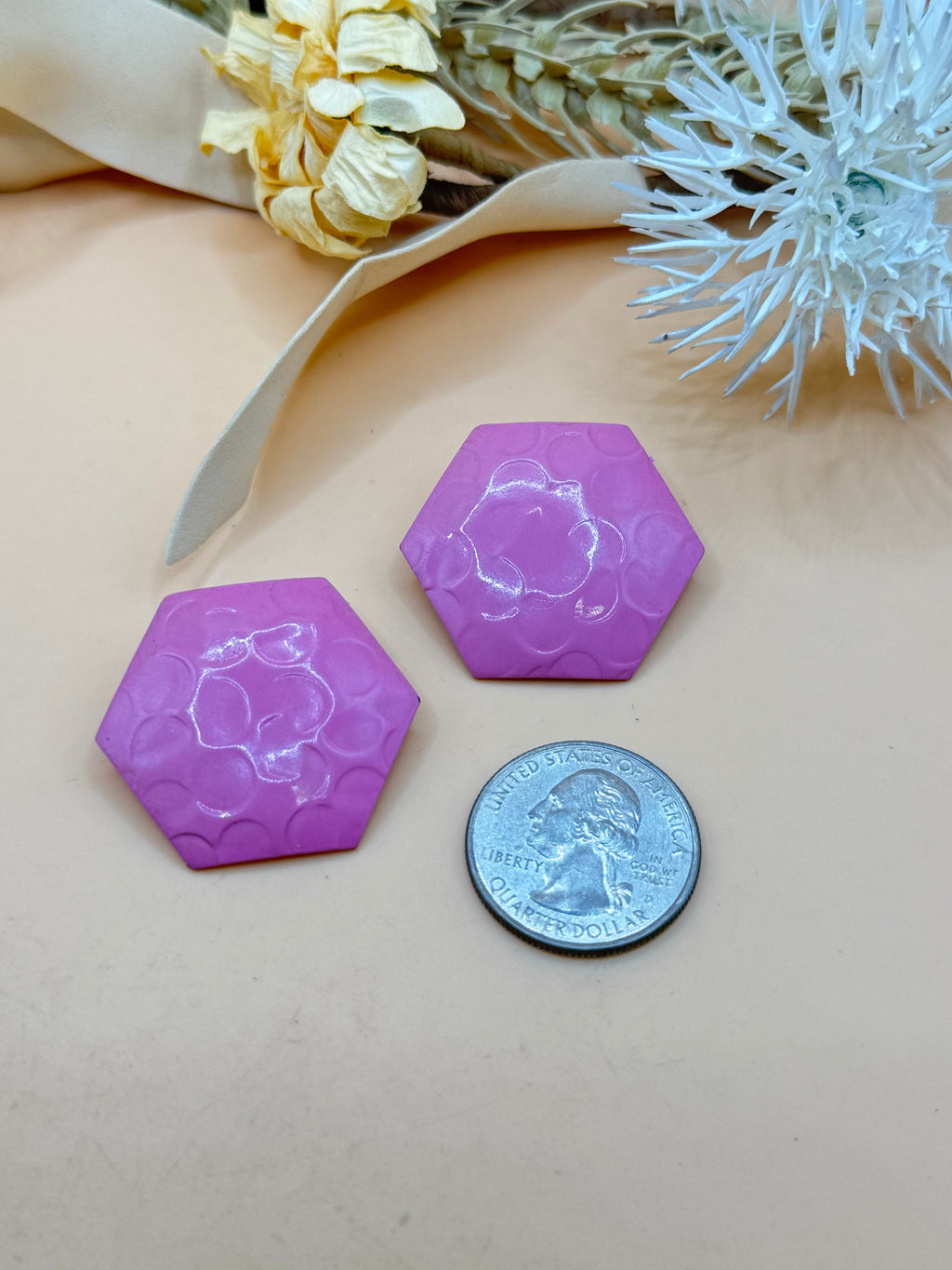 Vintage Pink Hexagon Geometric Textured Statement Pierced Earrings
