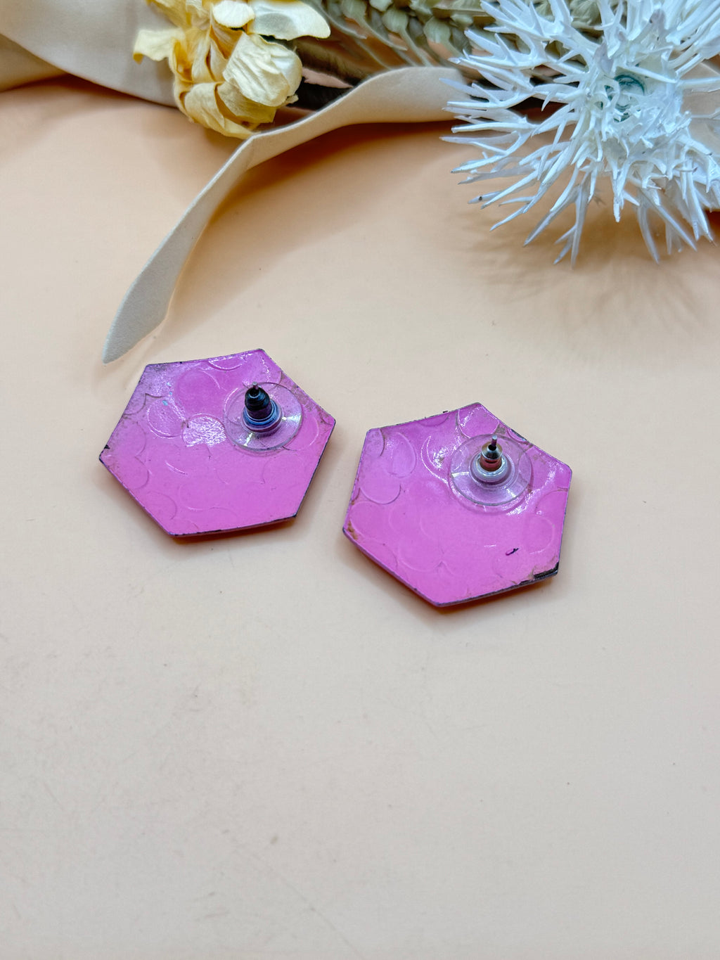 Vintage Pink Hexagon Geometric Textured Statement Pierced Earrings