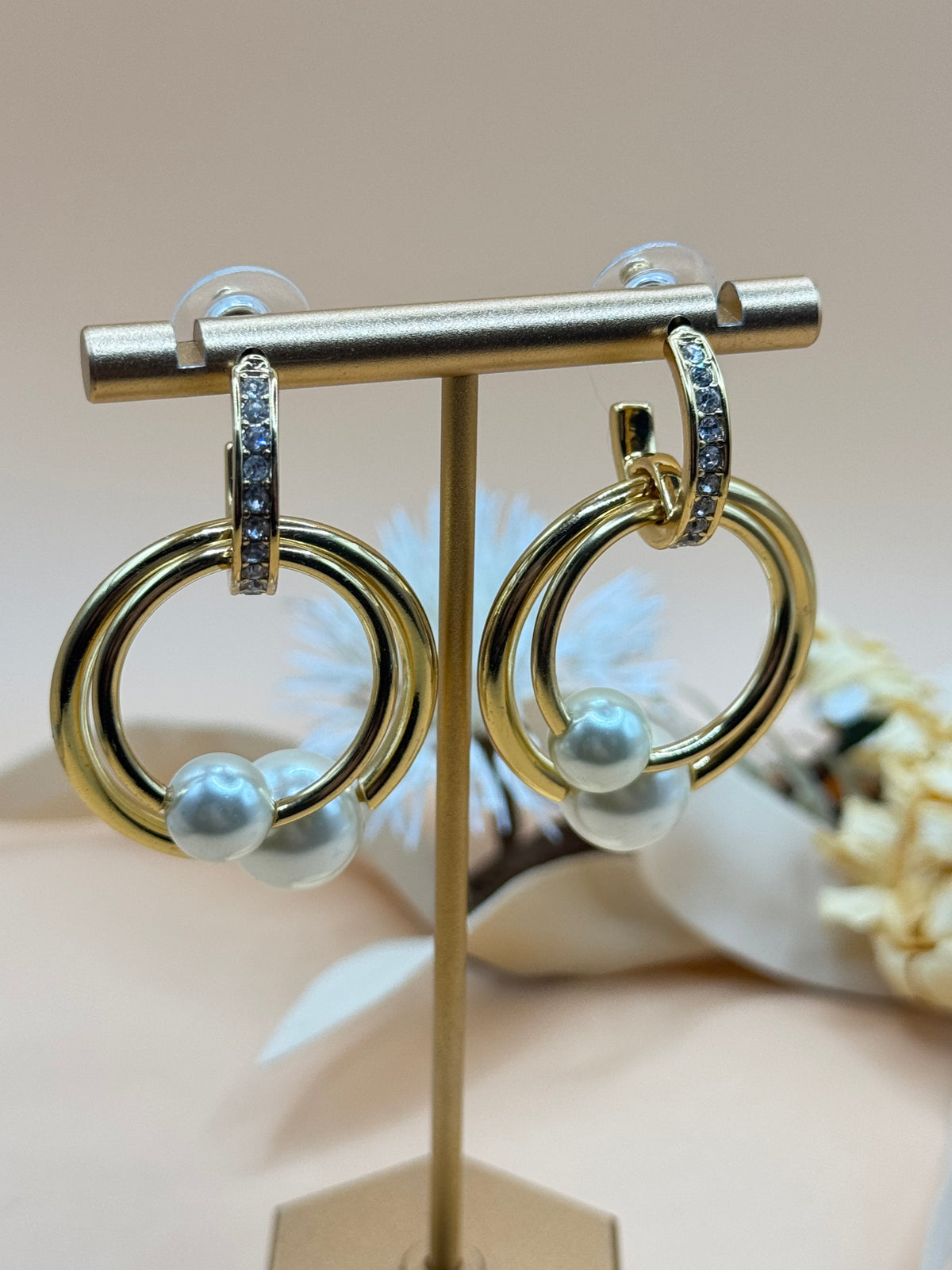 J.Crew Gold Tone Faux Pearl Rhinestone Double Hoop Drop Earrings