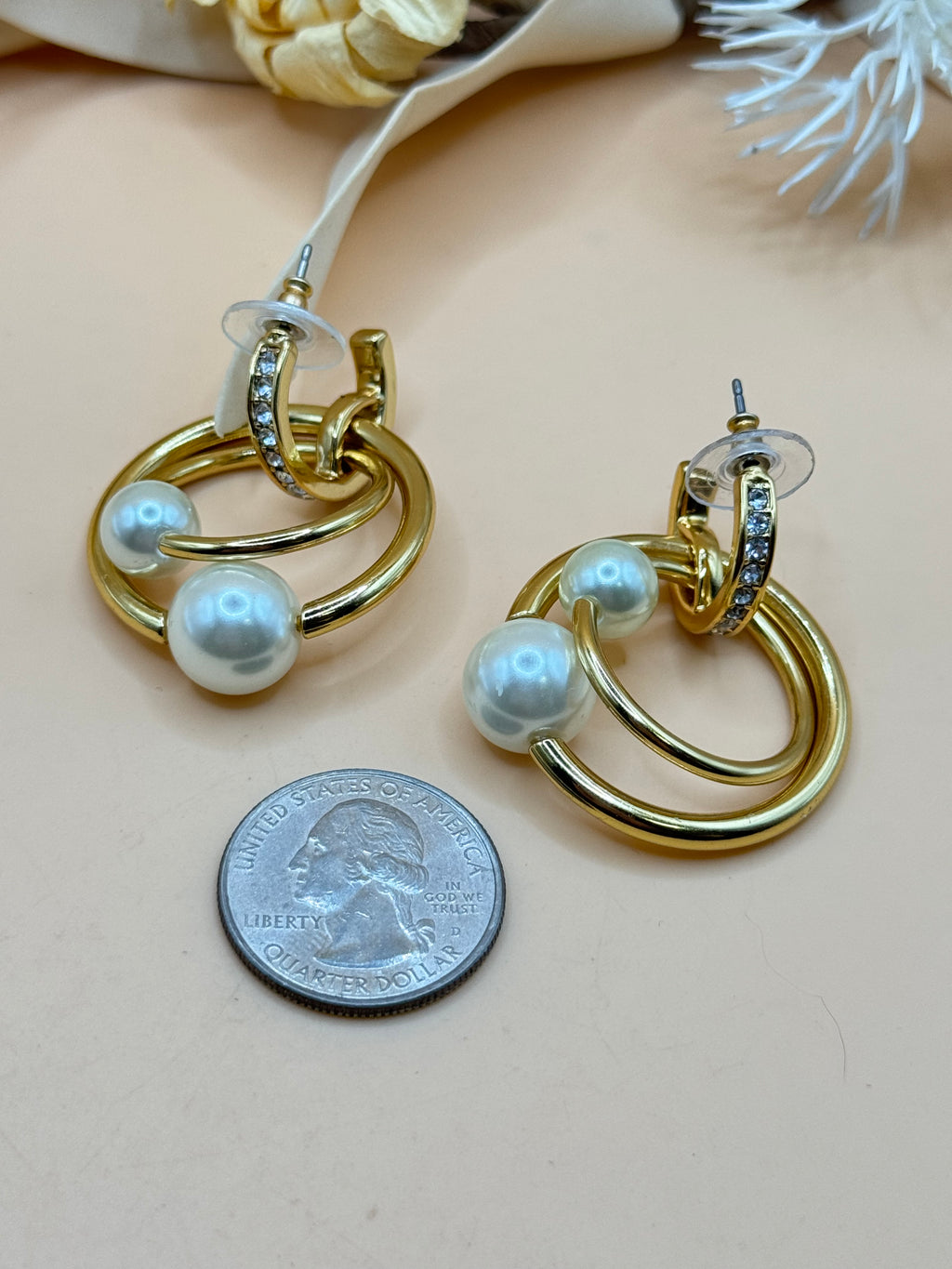 J.Crew Gold Tone Faux Pearl Rhinestone Double Hoop Drop Earrings