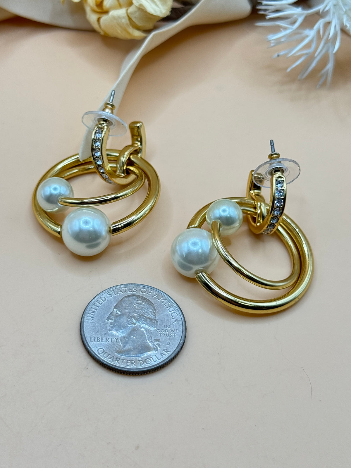 J.Crew Gold Tone Faux Pearl Rhinestone Double Hoop Drop Earrings
