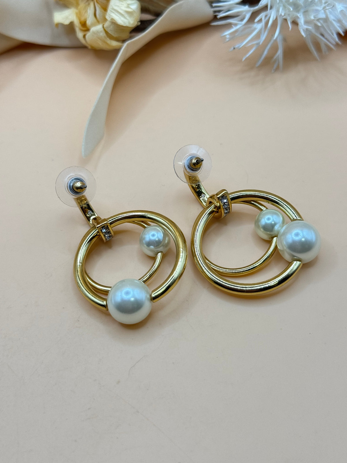 J.Crew Gold Tone Faux Pearl Rhinestone Double Hoop Drop Earrings