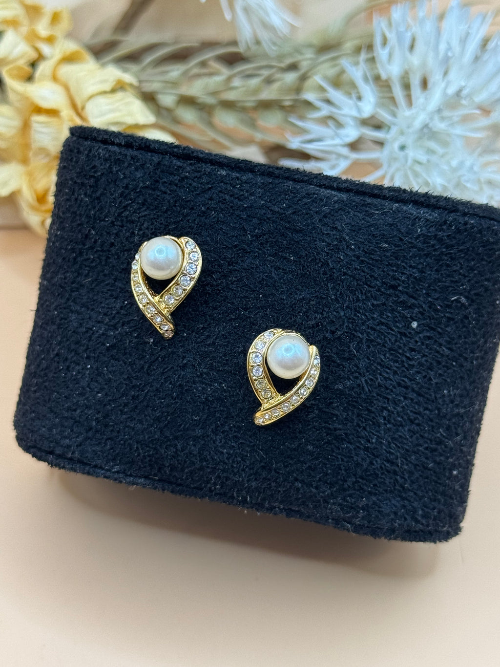 Gold Tone Faux Pearl Clear Rhinestone Swirl Stud Earrings