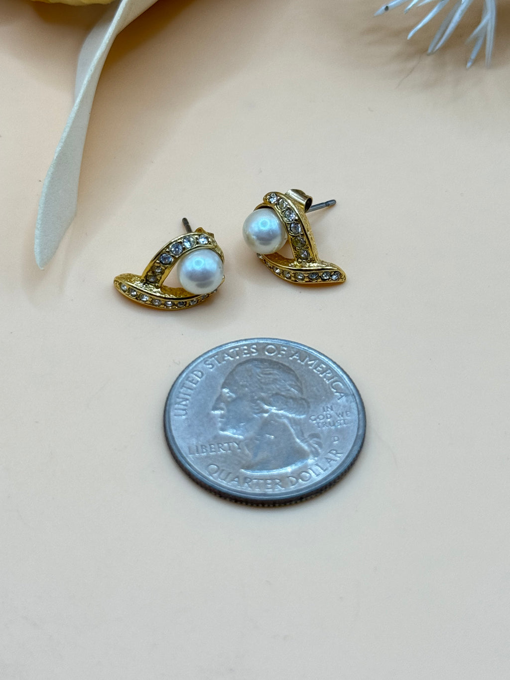 Gold Tone Faux Pearl Clear Rhinestone Swirl Stud Earrings