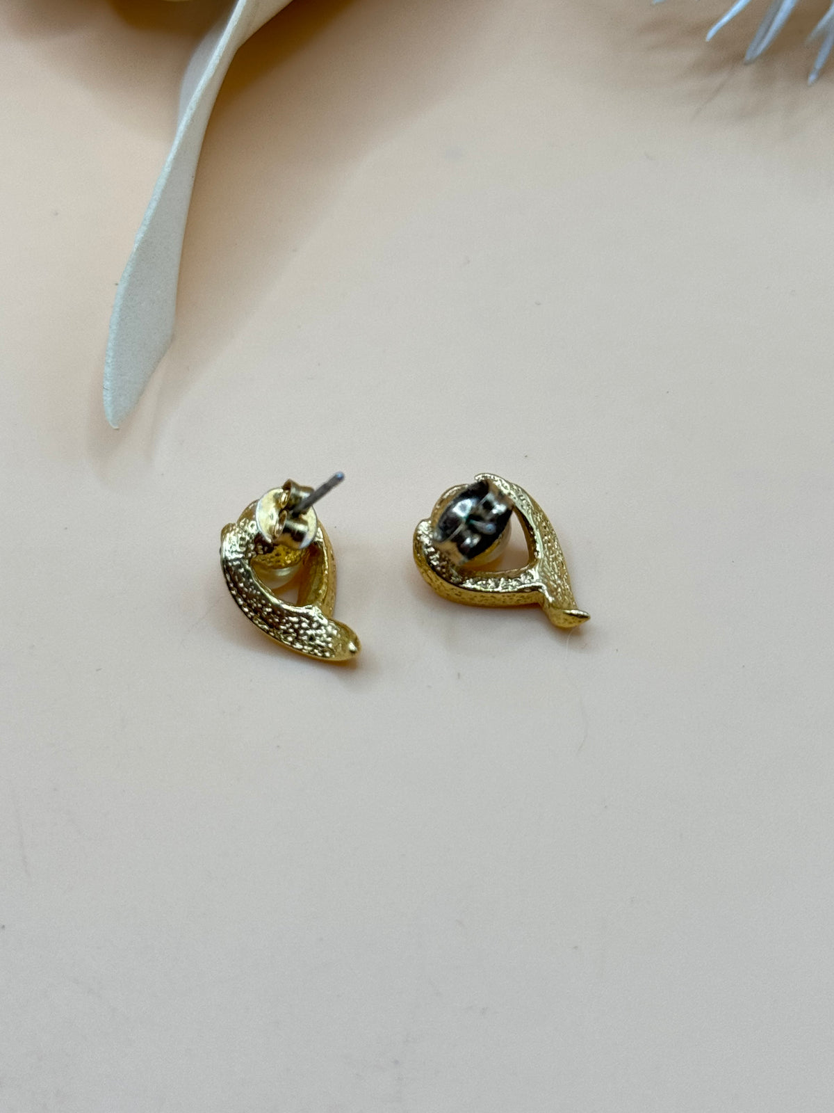 Gold Tone Faux Pearl Clear Rhinestone Swirl Stud Earrings