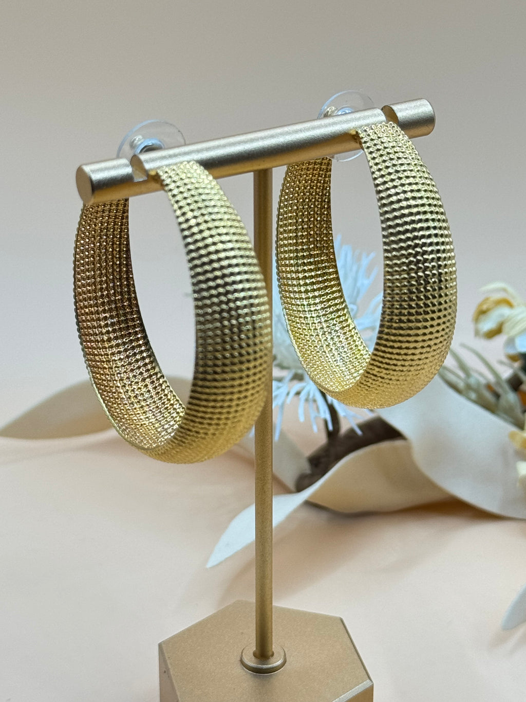Vintage Gold Tone Textured Wide Hoop Statement Earrings