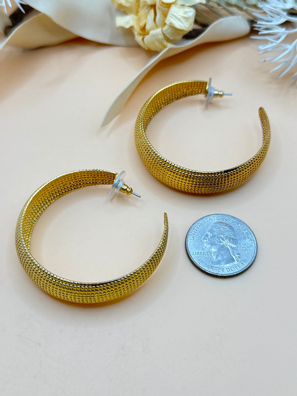 Vintage Gold Tone Textured Wide Hoop Statement Earrings