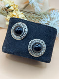 Vintage Silver Tone Black Cabochon Ornate Round Stud Earrings