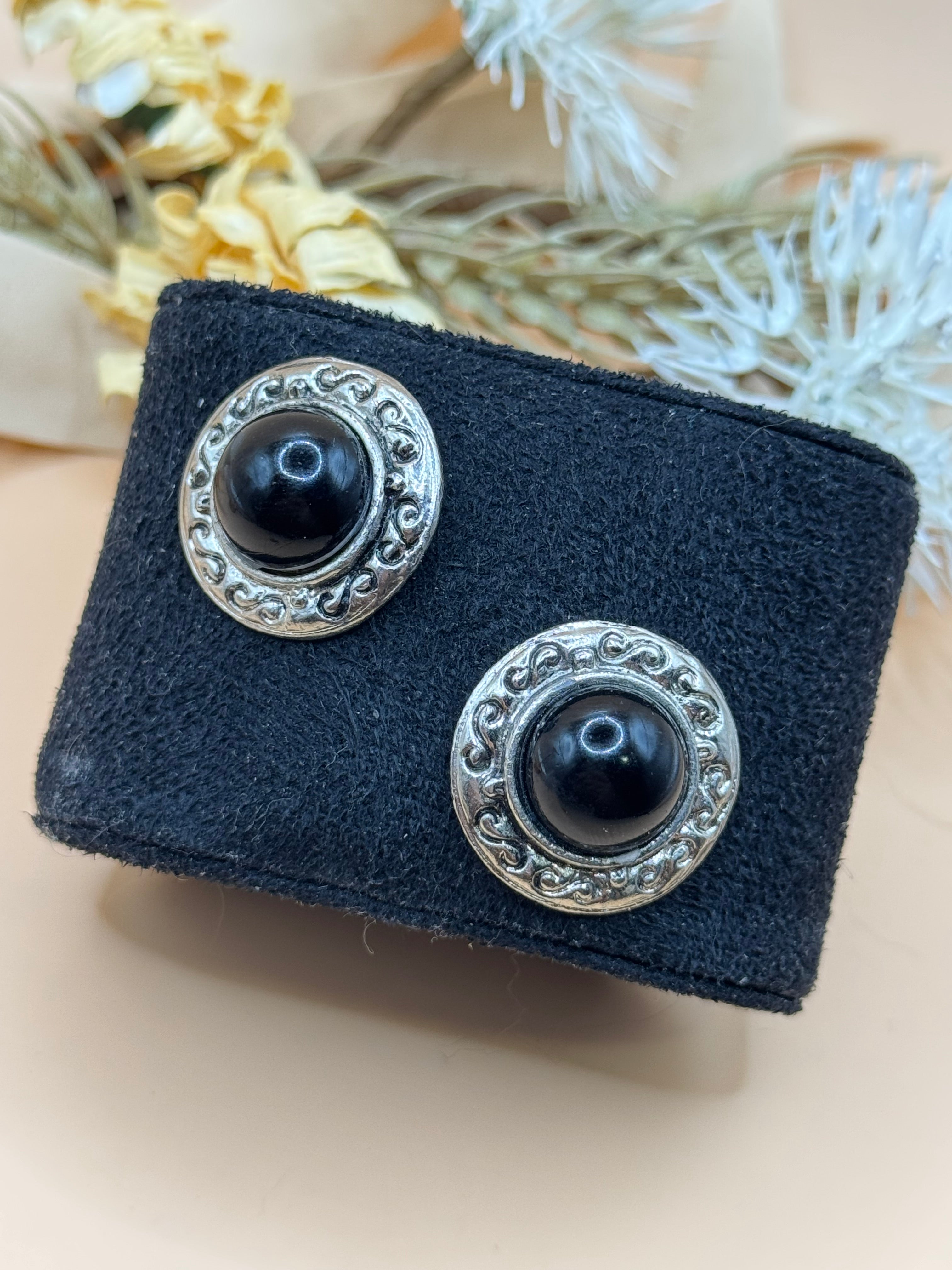 Vintage Silver Tone Black Cabochon Ornate Round Stud Earrings
