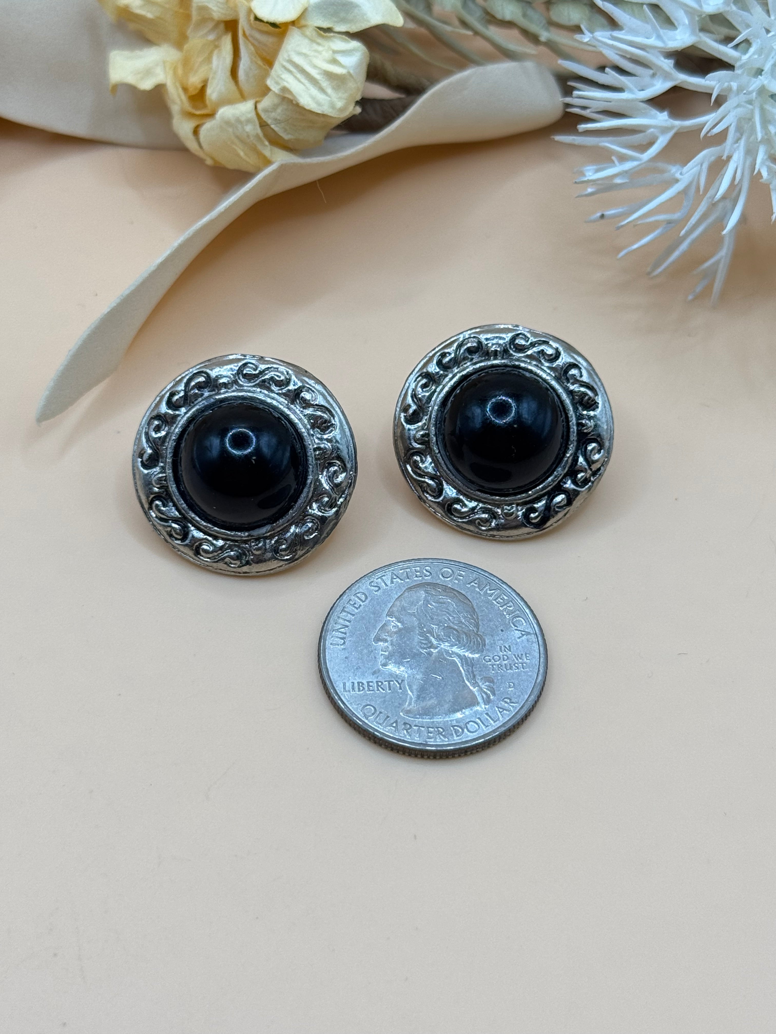 Vintage Silver Tone Black Cabochon Ornate Round Stud Earrings