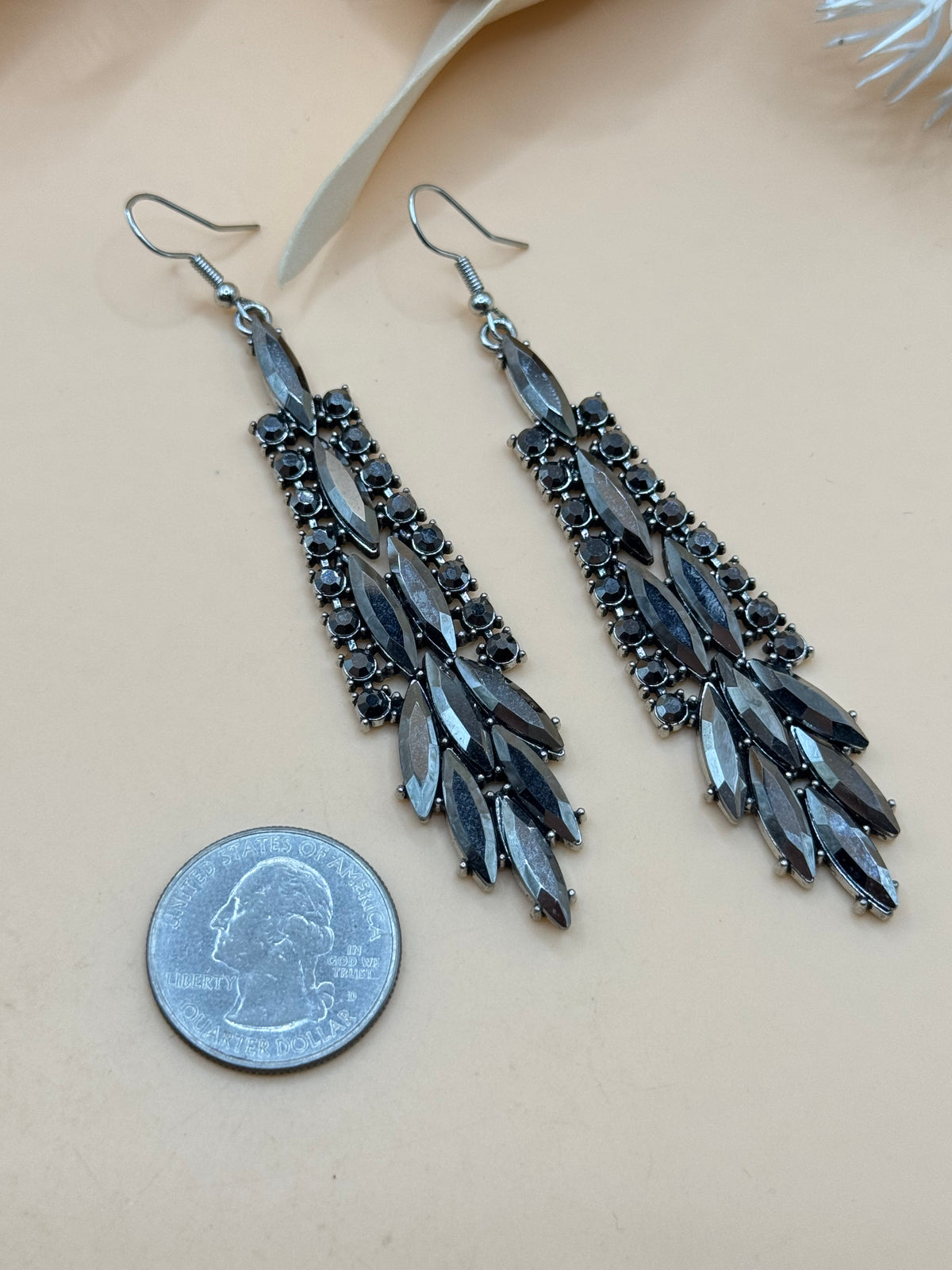 Silver Tone Gray Rhinestone Marquise Statement Dangle Earrings