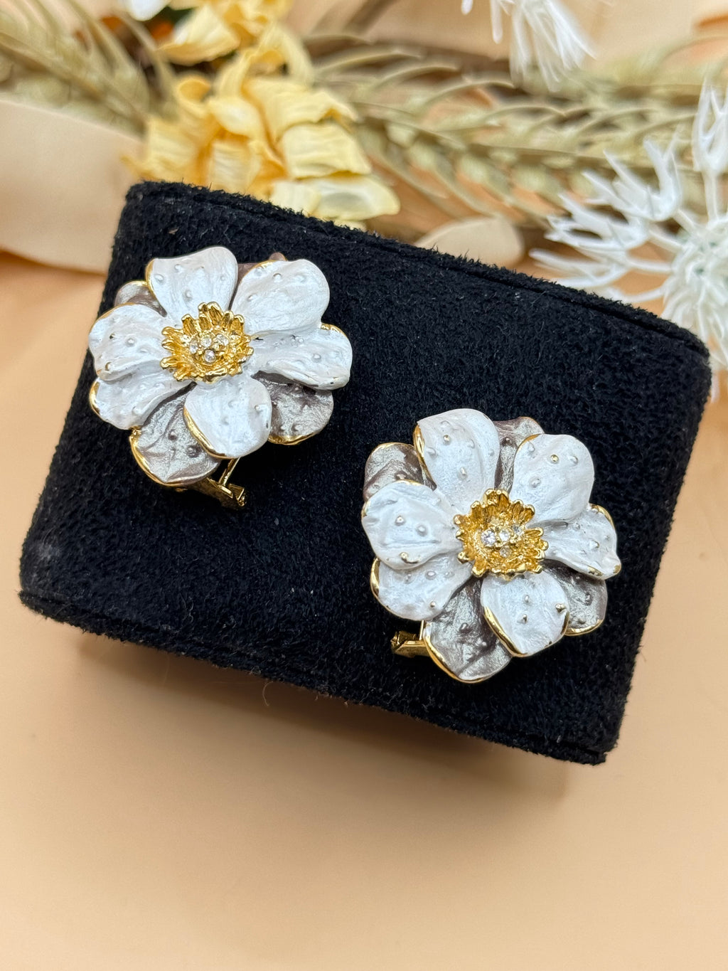 Gold Tone White Enamel Floral Rhinestone Stud Earrings