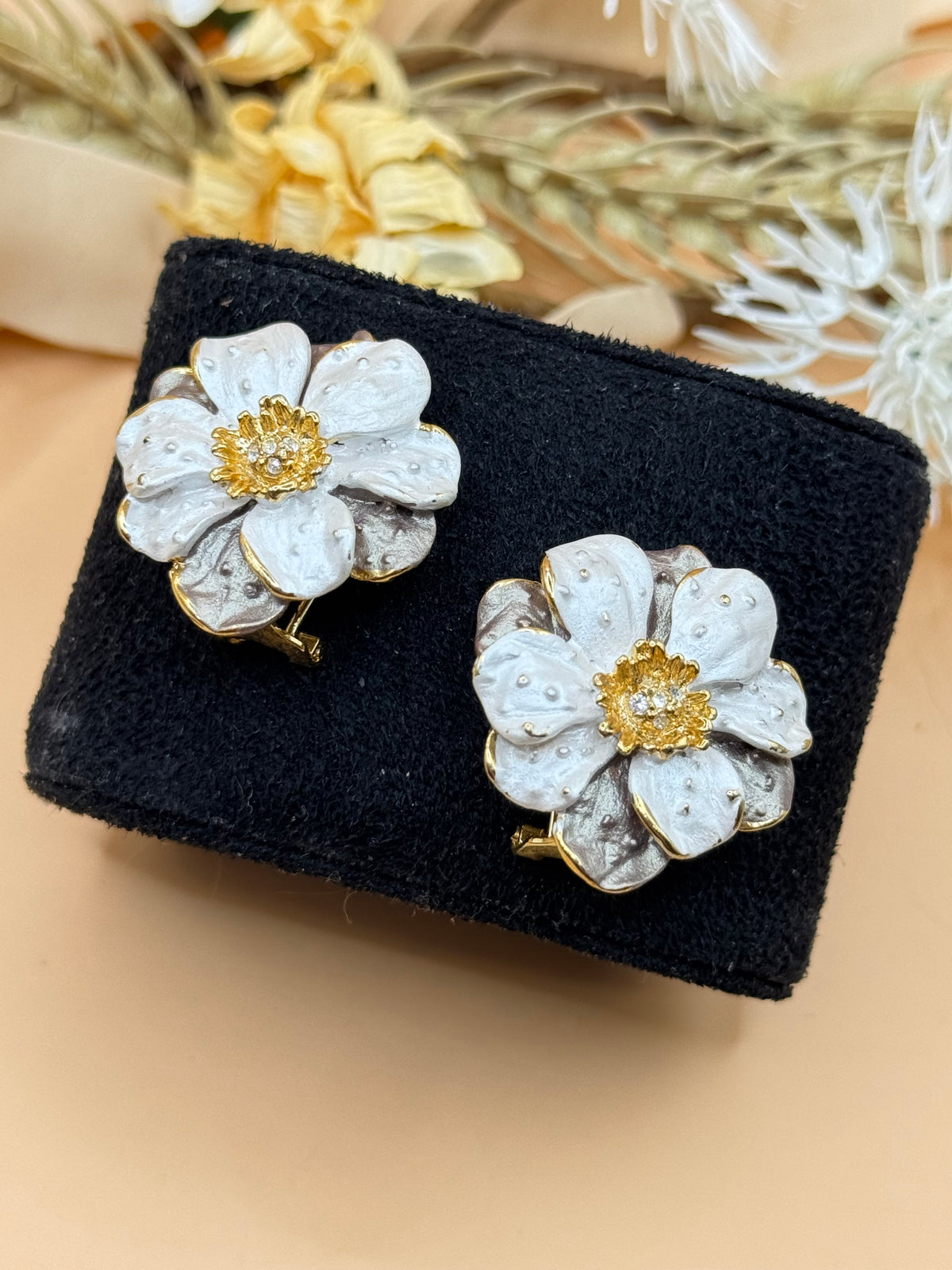 Gold Tone White Enamel Floral Rhinestone Stud Earrings