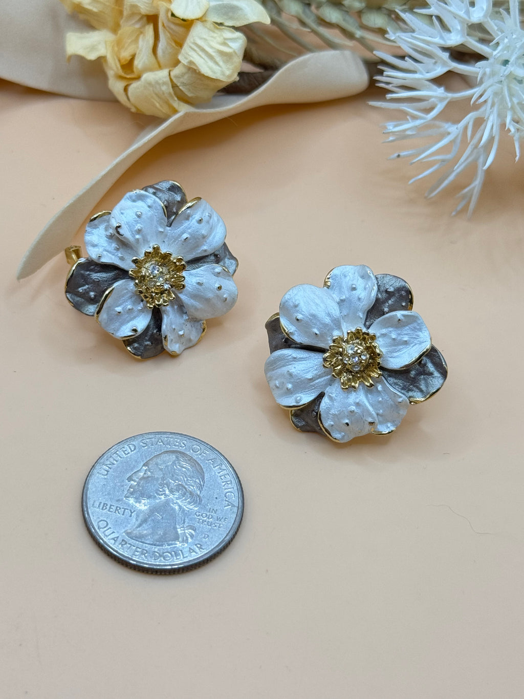 Gold Tone White Enamel Floral Rhinestone Stud Earrings