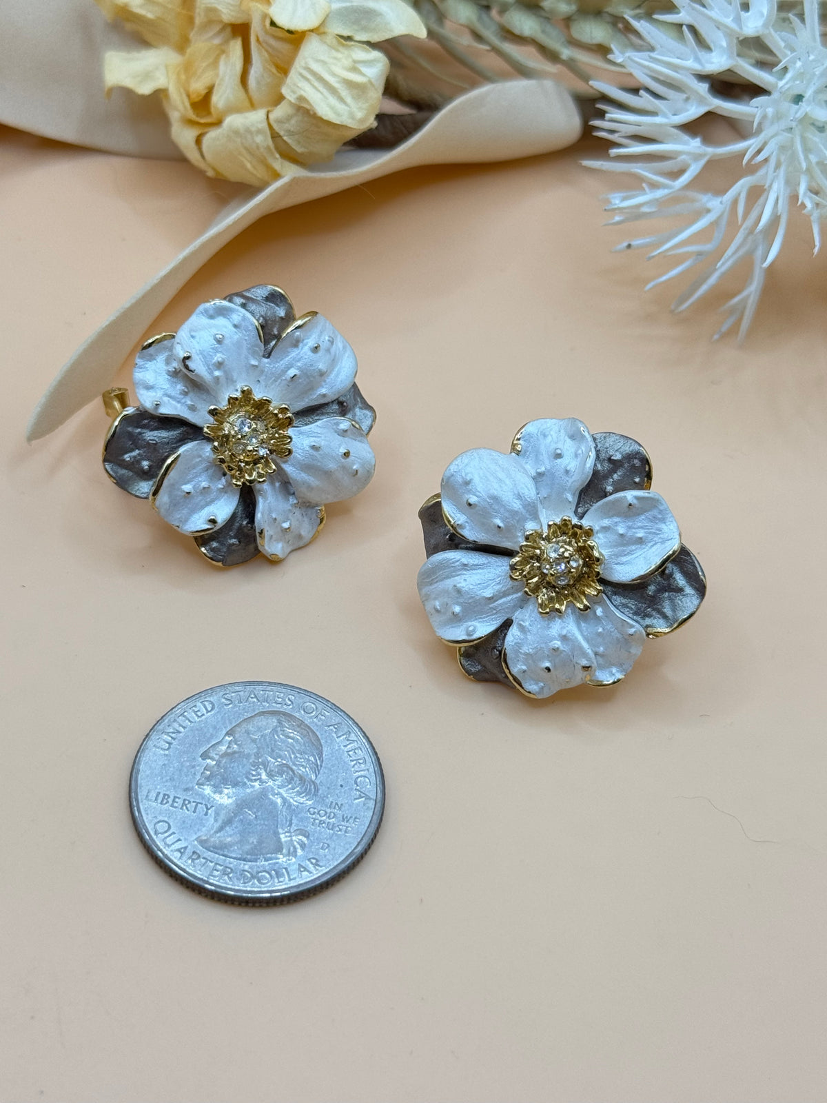 Gold Tone White Enamel Floral Rhinestone Stud Earrings