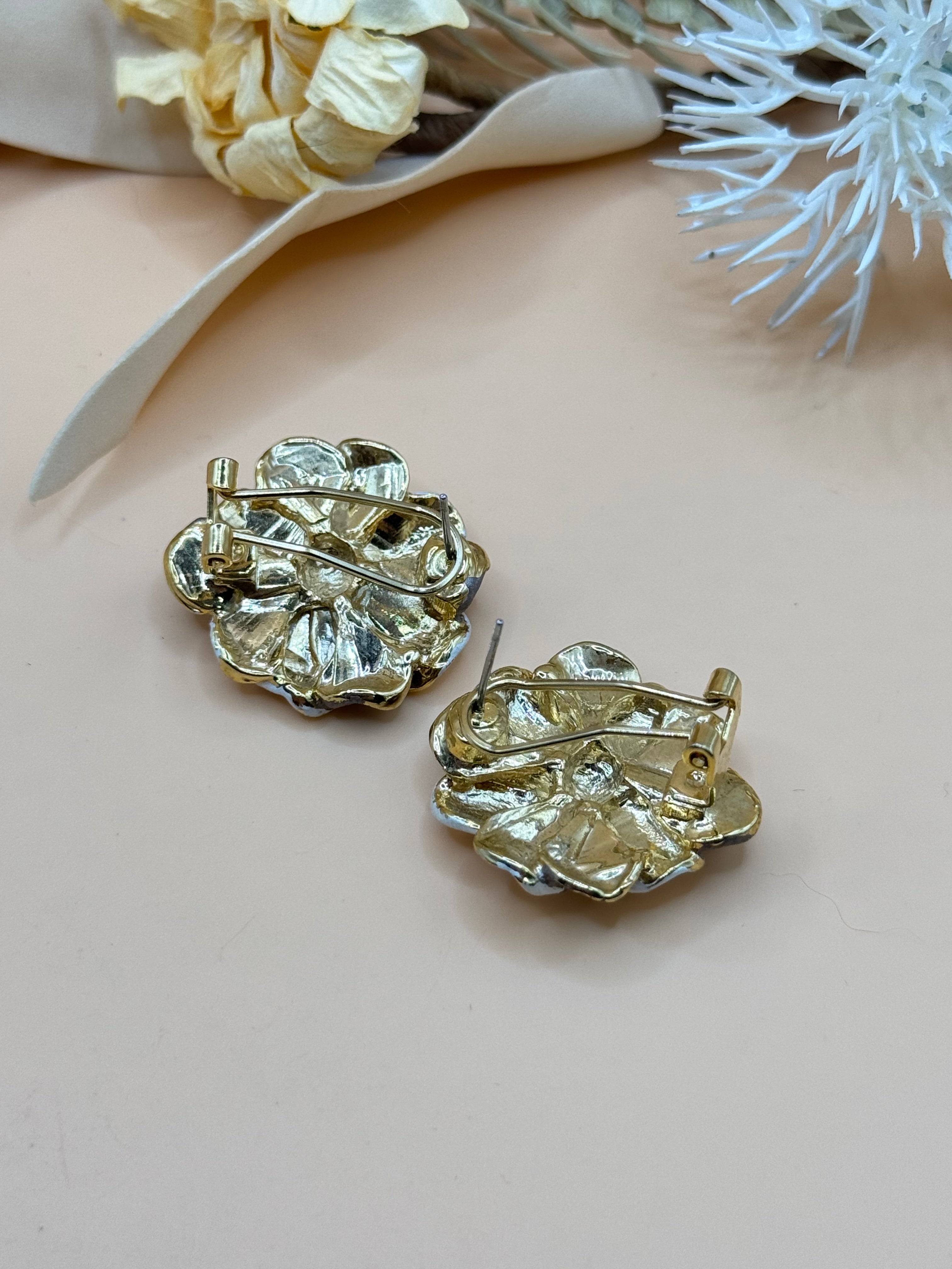 Gold Tone White Enamel Floral Rhinestone Stud Earrings